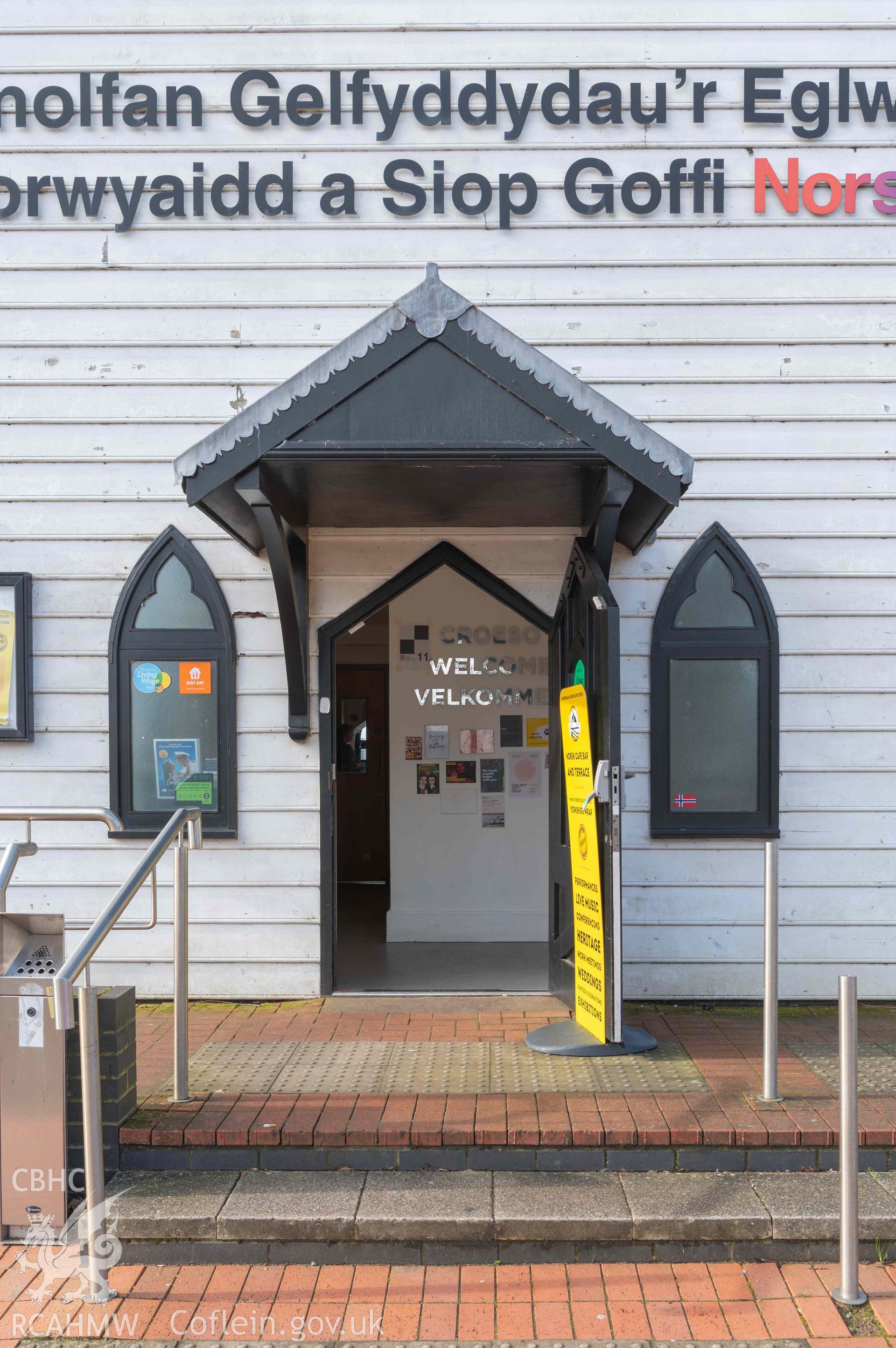 Norwegian Church - Detailed view of the front entrance, taken from East