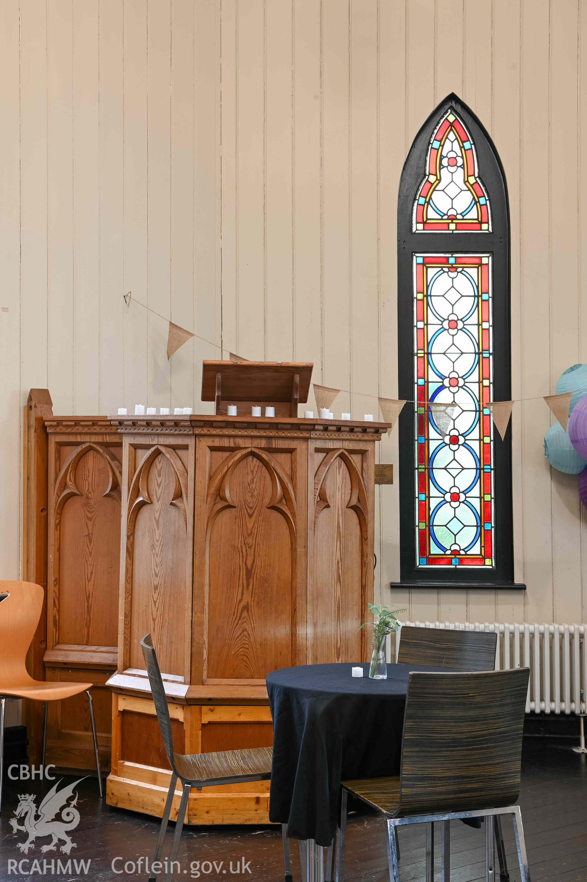 Norwegian Church - Detailed view of the altar and stained-glass window, taken from West