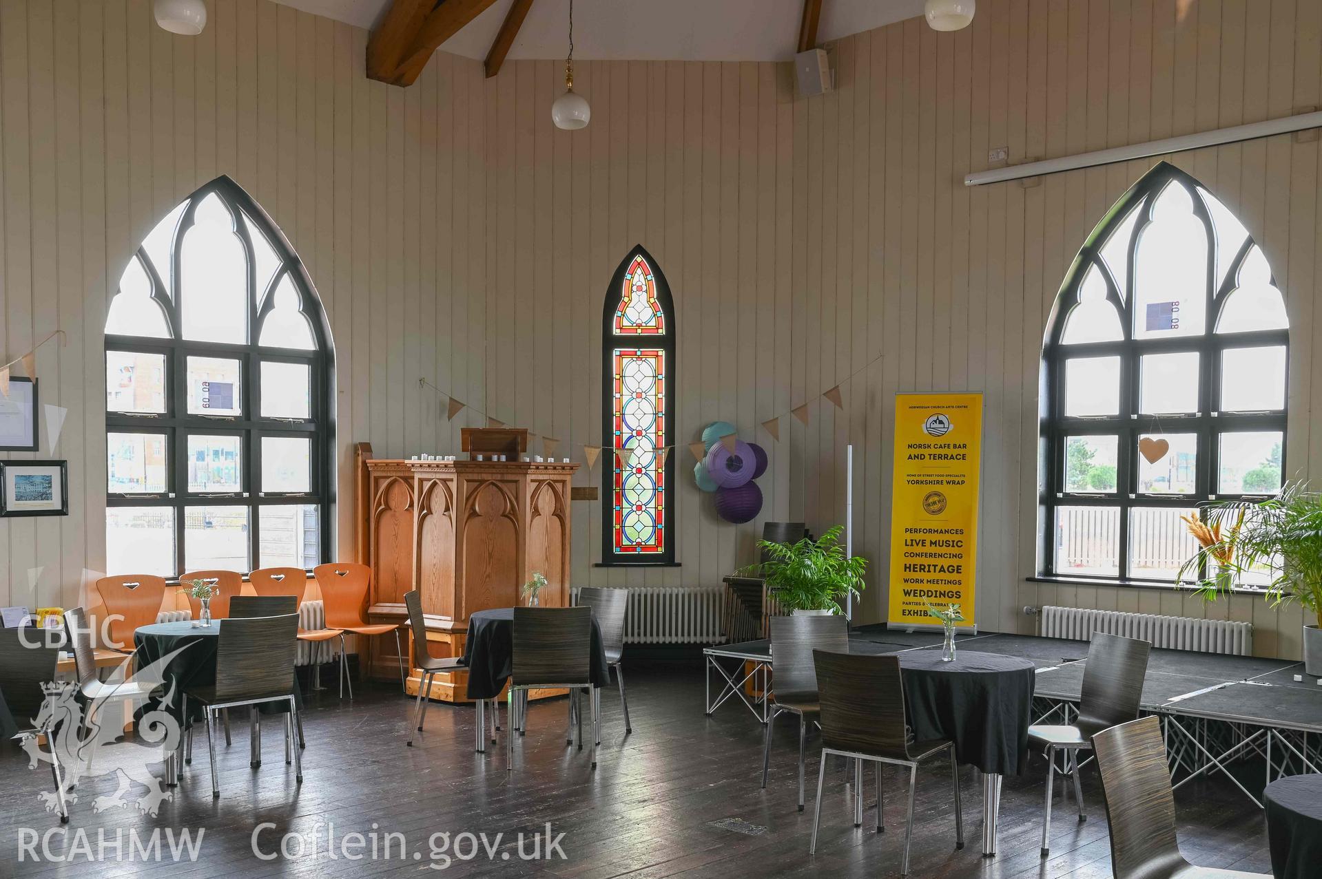 Norwegian Church - Closer view of the stained-glass window and altar, taken from West