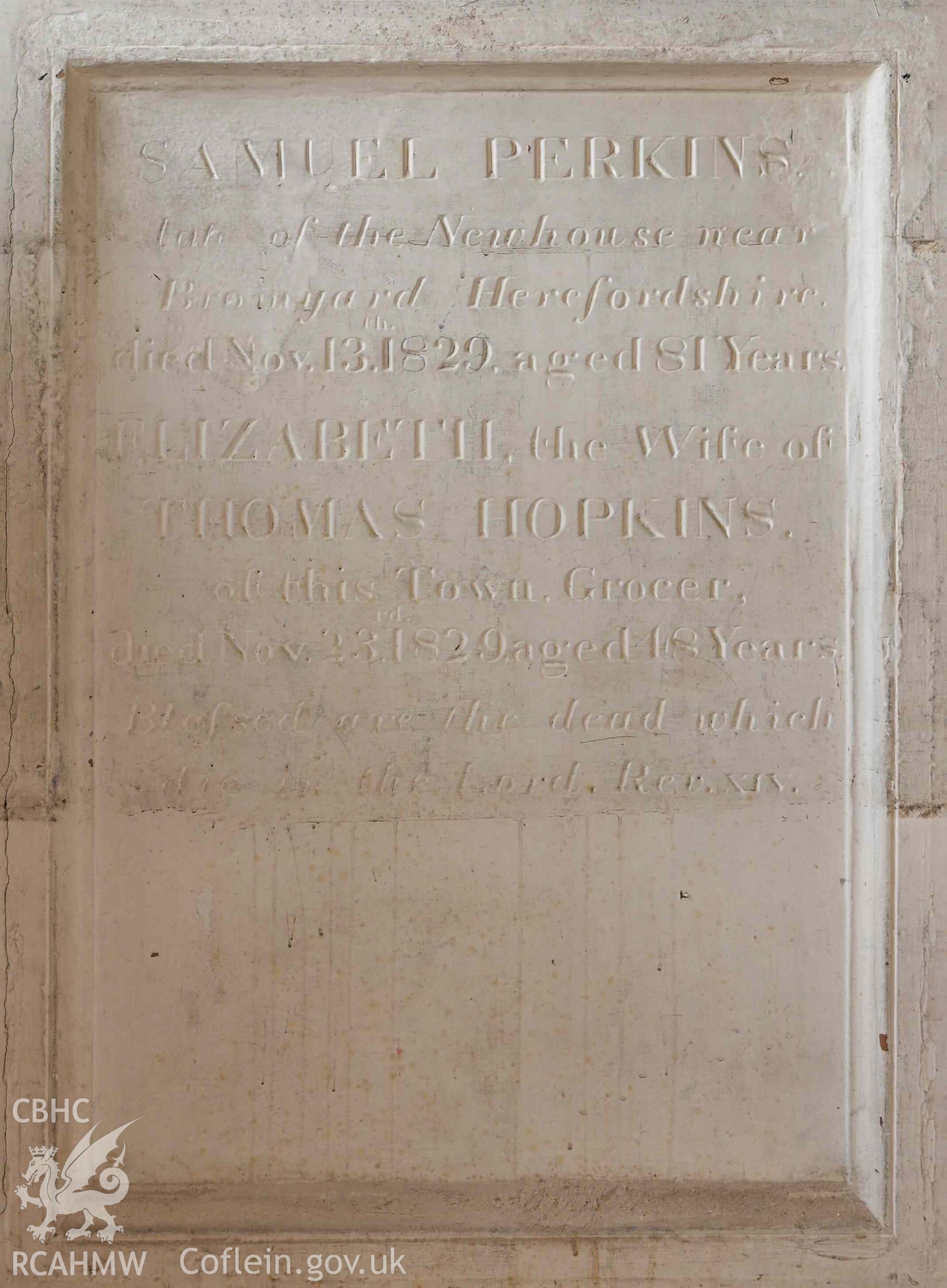 Bethany English Baptist Chapel - Detailed view of a memorial for Samuel Perkins and Elizabeth Hopkins