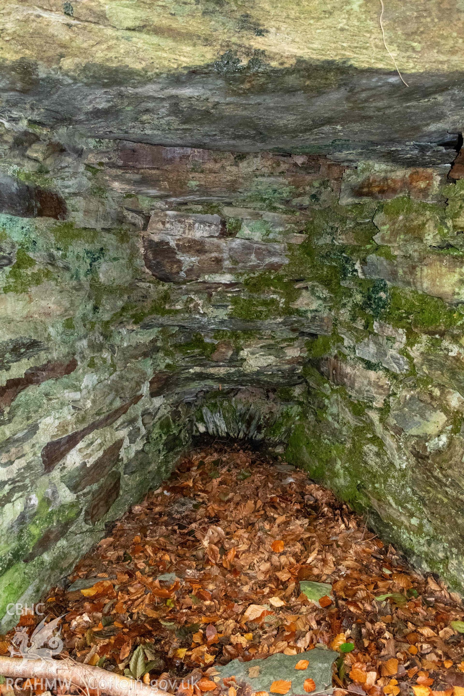Lime Kiln, Abergwynant Woods. Draw hole in kiln eye, east face.