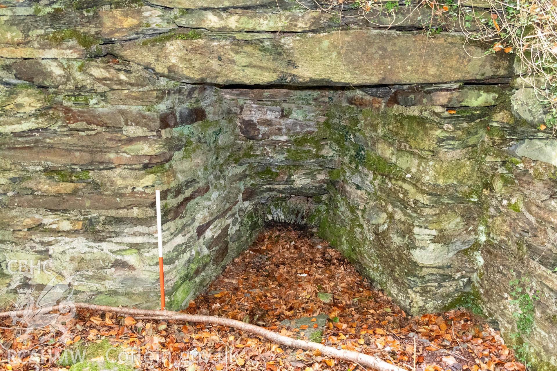 Lime Kiln, Abergwynant Woods. Kiln eye, east face from the east (with scale).