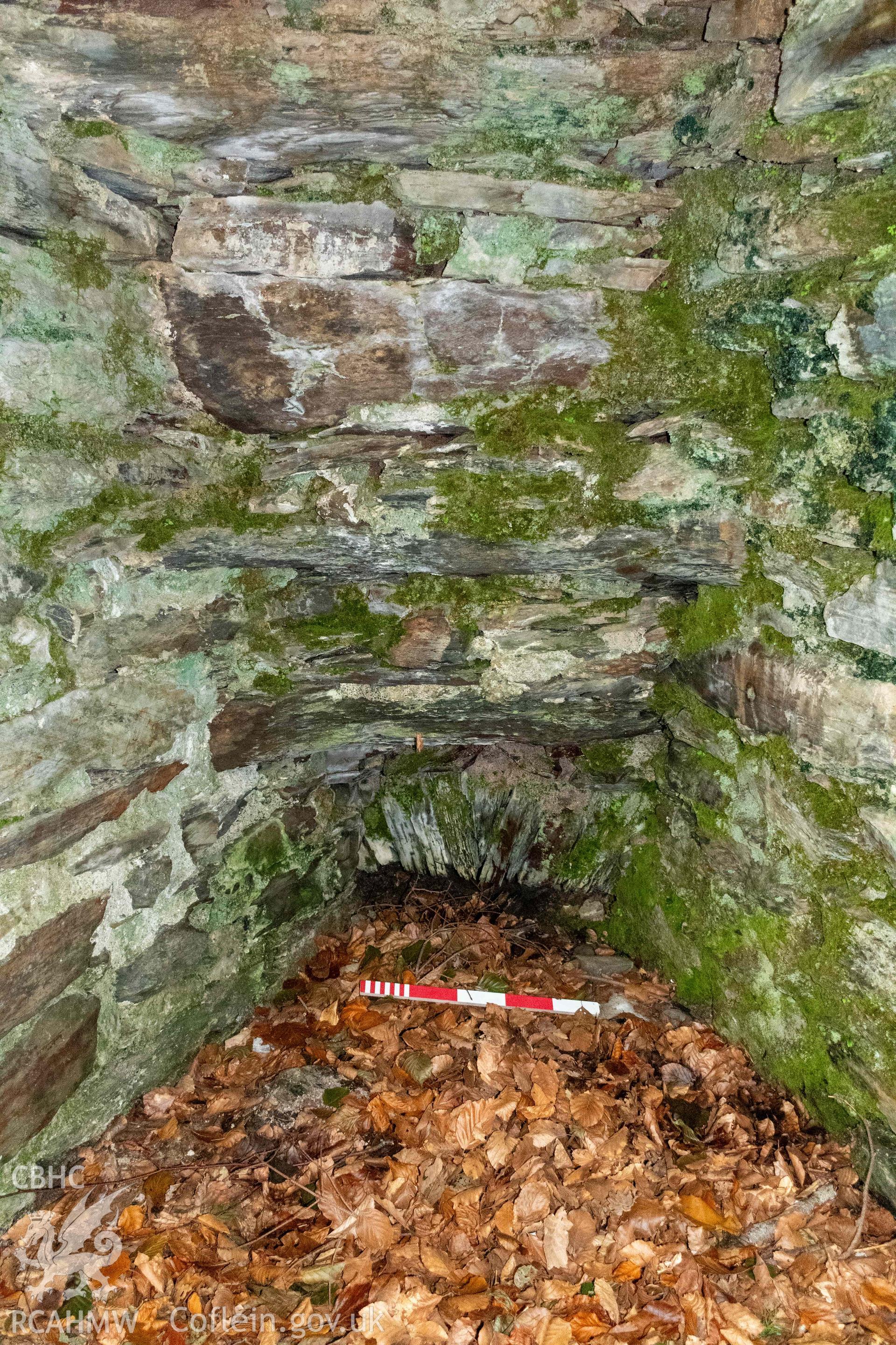 Lime Kiln, Abergwynant Woods. Draw hole in kiln eye, east face (with scale).