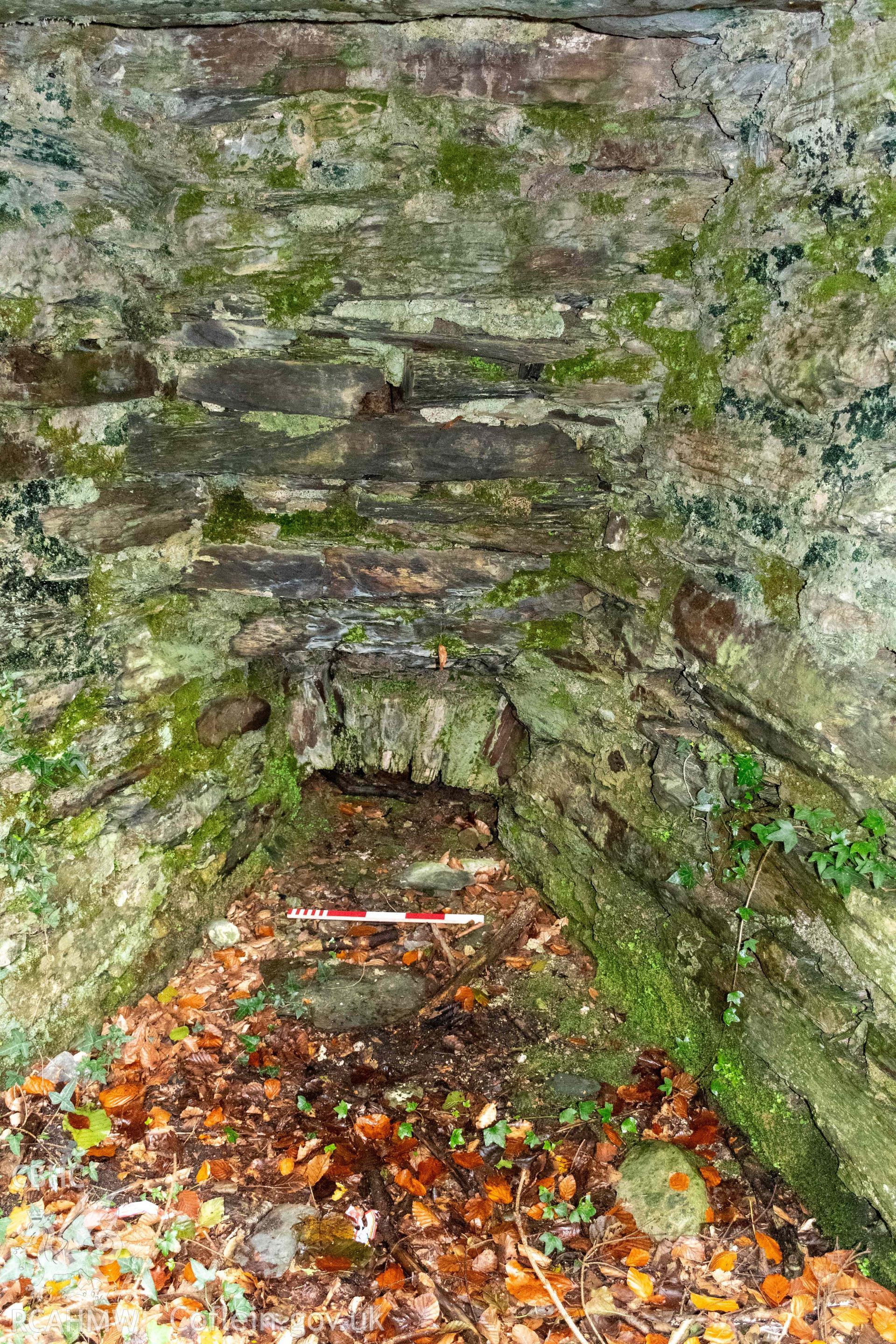 Lime Kiln, Abergwynant Woods. Draw hole in kiln eye, west face (with scale).