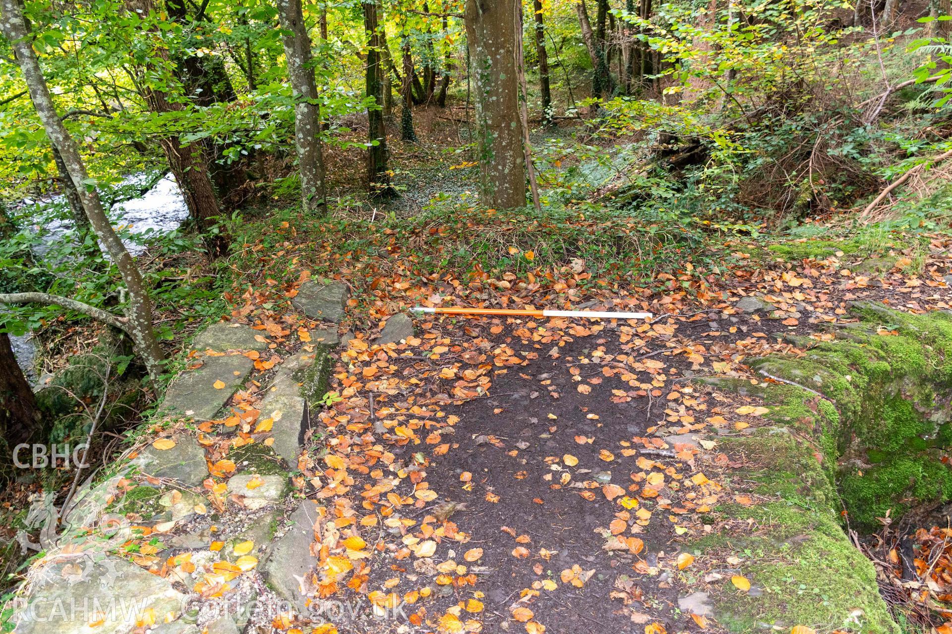 Lime Kiln, Abergwynant Woods. Parapet wall around top of kiln from the east (with scale).