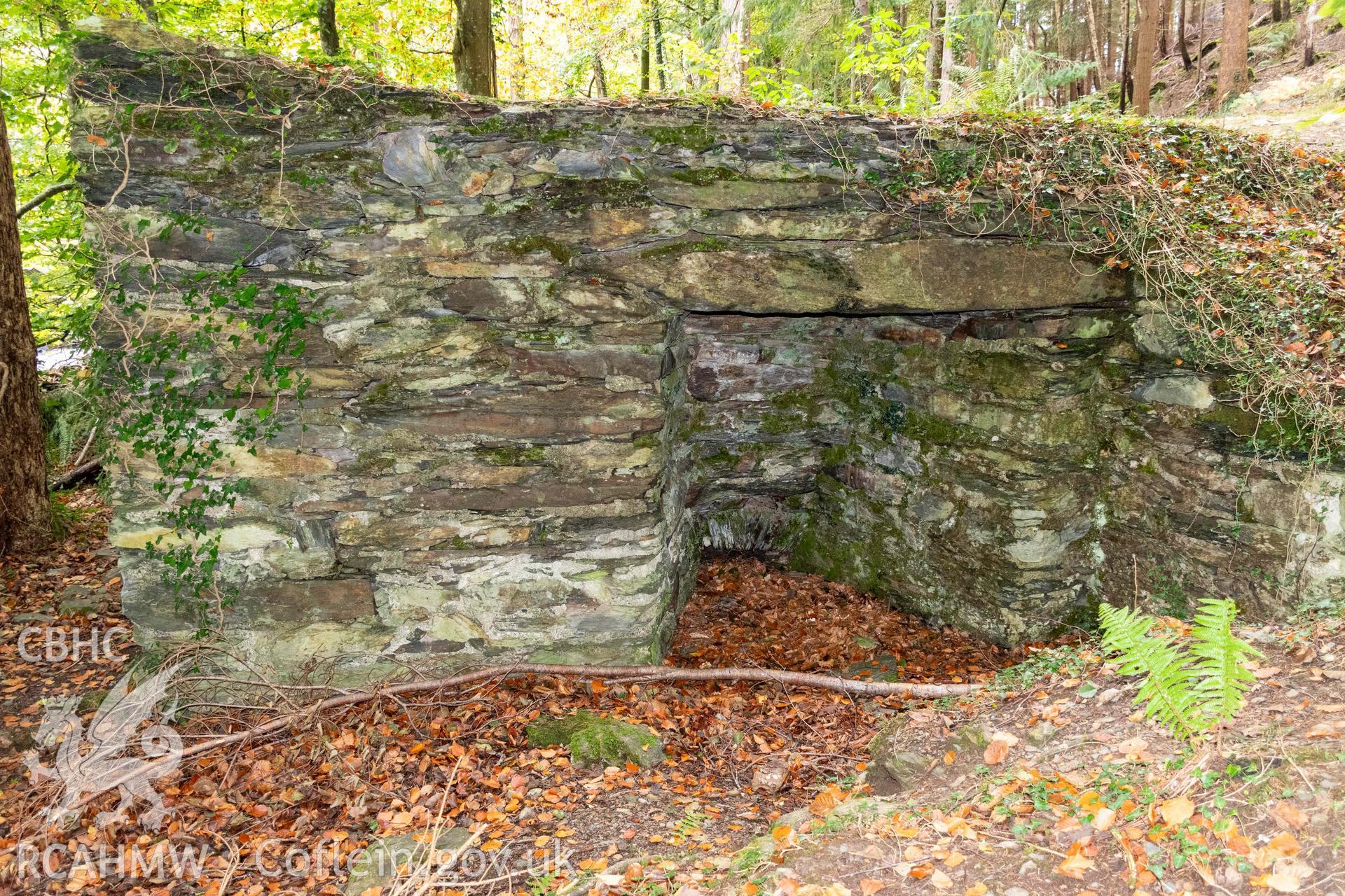 Lime Kiln, Abergwynant Woods. East face and kiln eye from the east.
