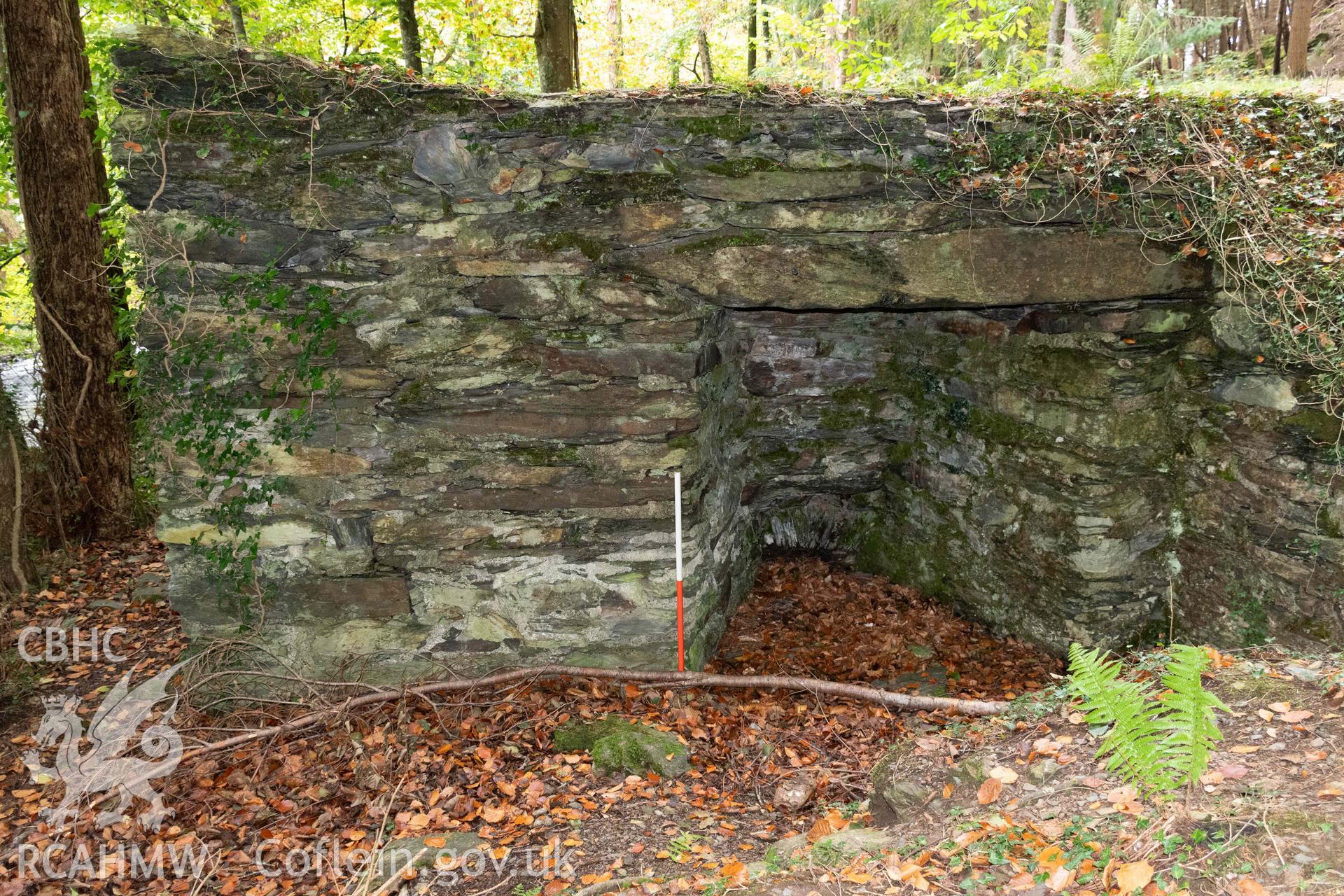 Lime Kiln, Abergwynant Woods. East face and kiln eye from the east (with scale).