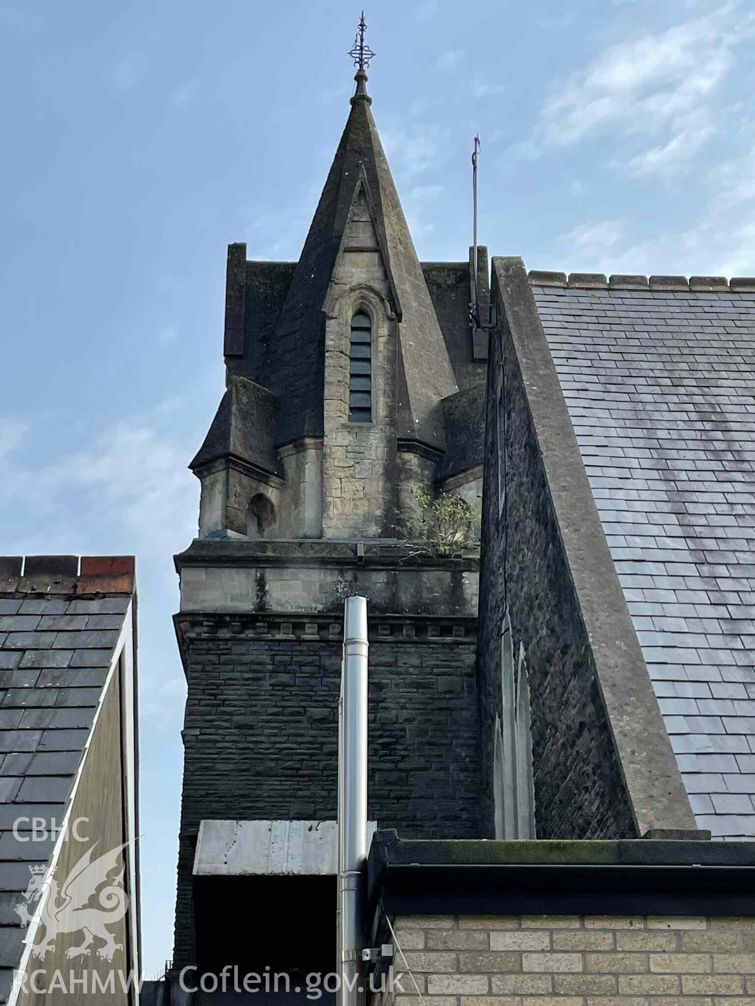Photograph showing west elevation, from a Level 2 Historic Building Record of Y Muni Arts Centre, Pontypridd. Conducted as a part of listed building consent by Purcell Architecture in 2024.