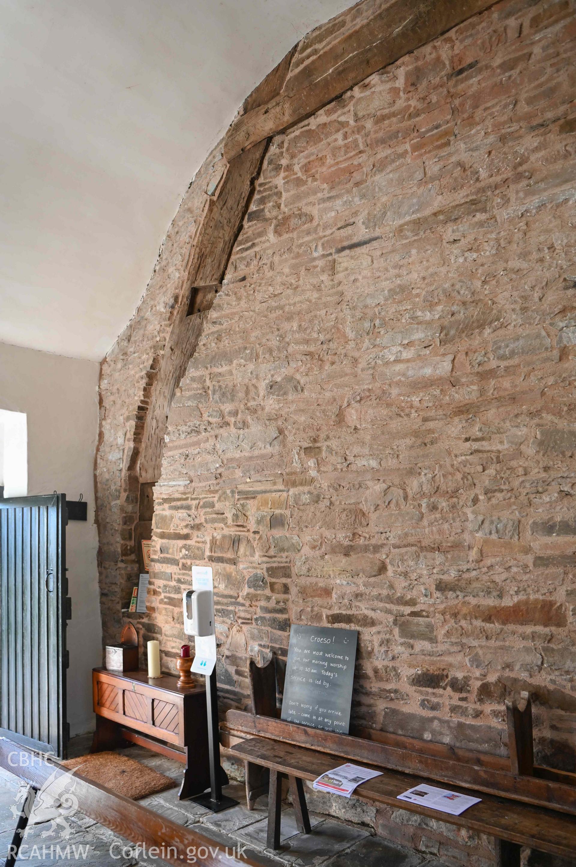 Maesyronen Chapel - Interior view of a portion of the Western wall of the chapel, taken from East