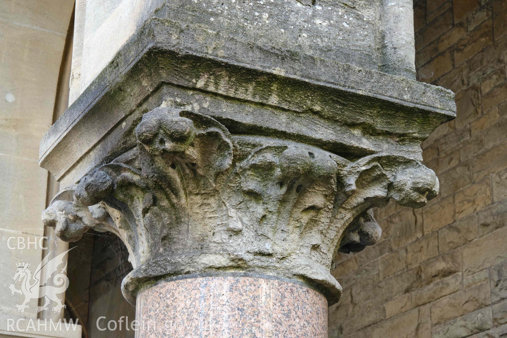 weathered foliage capital to porch, looking SE