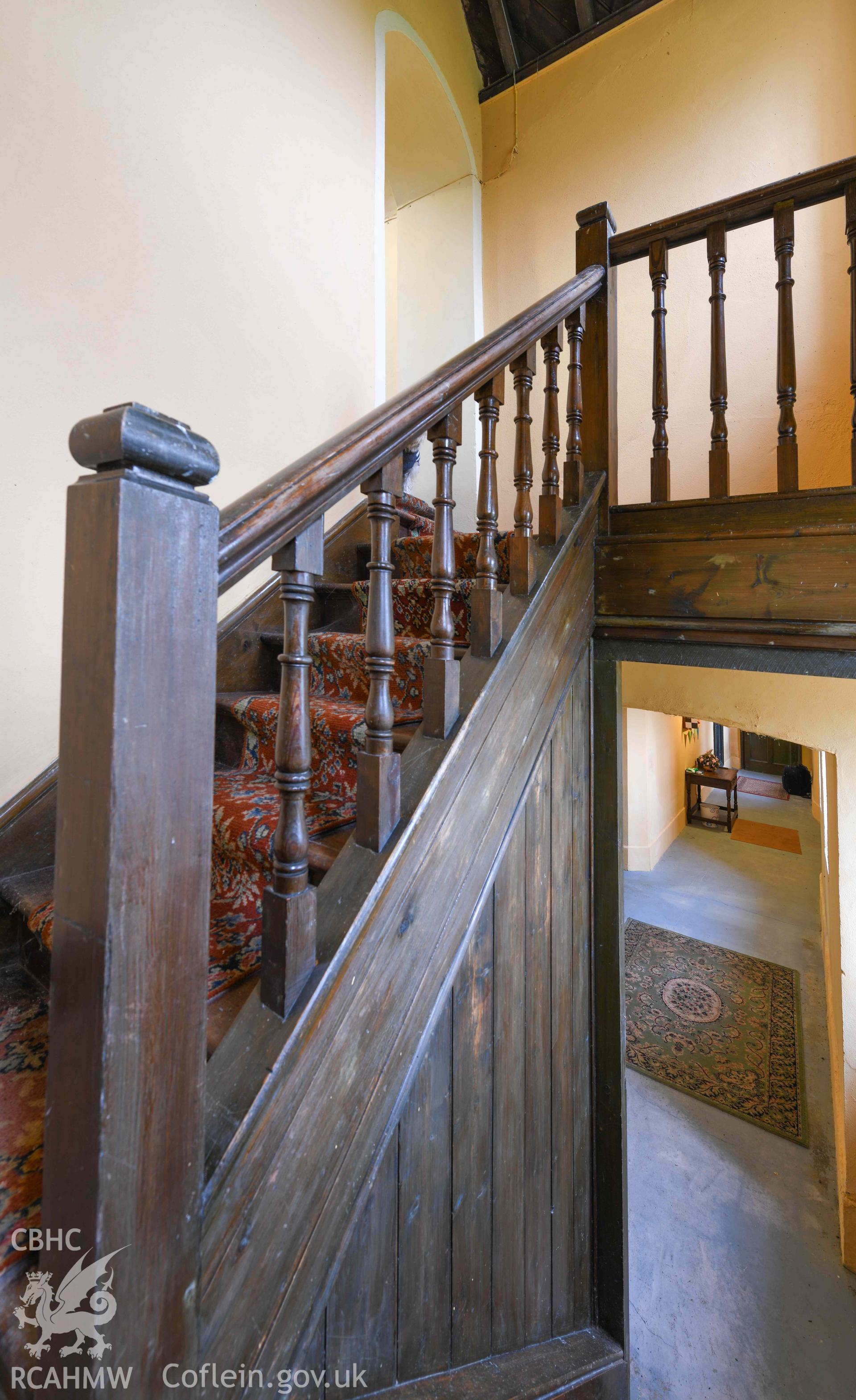 Tre-Wen Welsh Independent Chapel - Interior: Chapel, view of the staircase, banister detail, taken from West