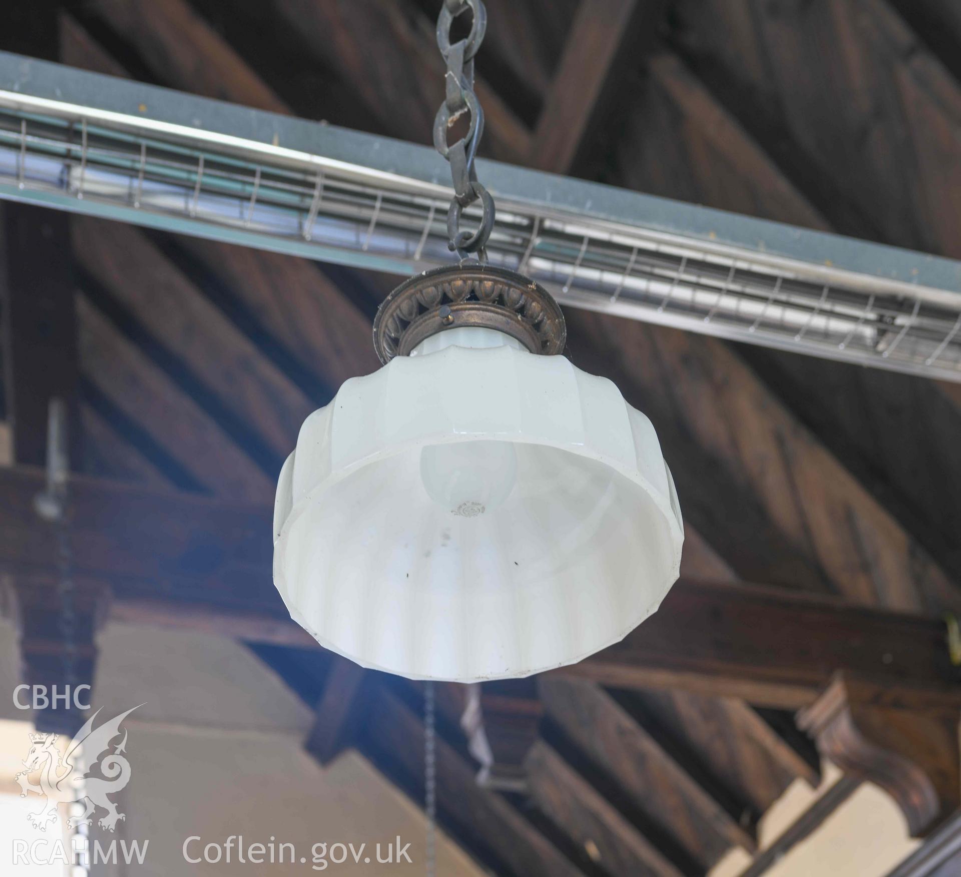 Tre-Wen Welsh Independent Chapel - Interior: Chapel, detailed view of a pendant light, taken from East
