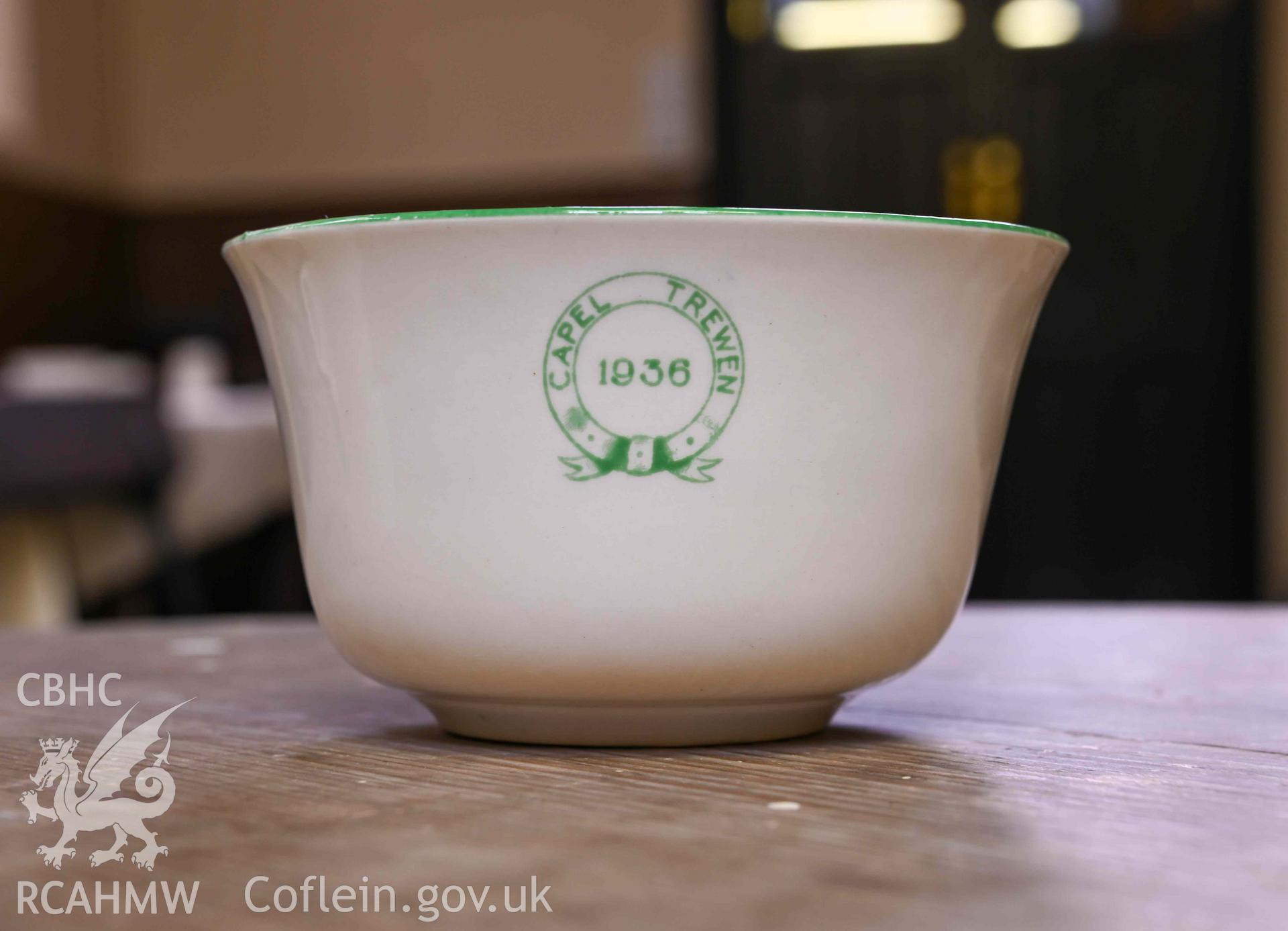 Tre-Wen Welsh Independent Chapel - Interior: Chapel Dining Hall, detailed view of a saucer dated 1936