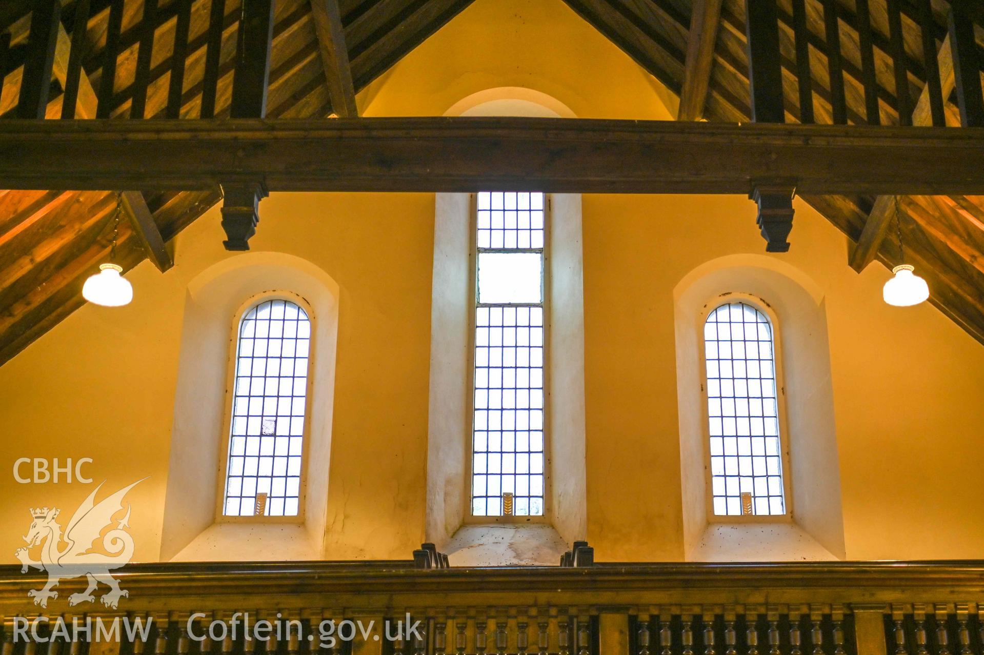 Tre-Wen Welsh Independent Chapel - Interior: Chapel, View of joists and cloisters looking towards gable end windows, taken from East