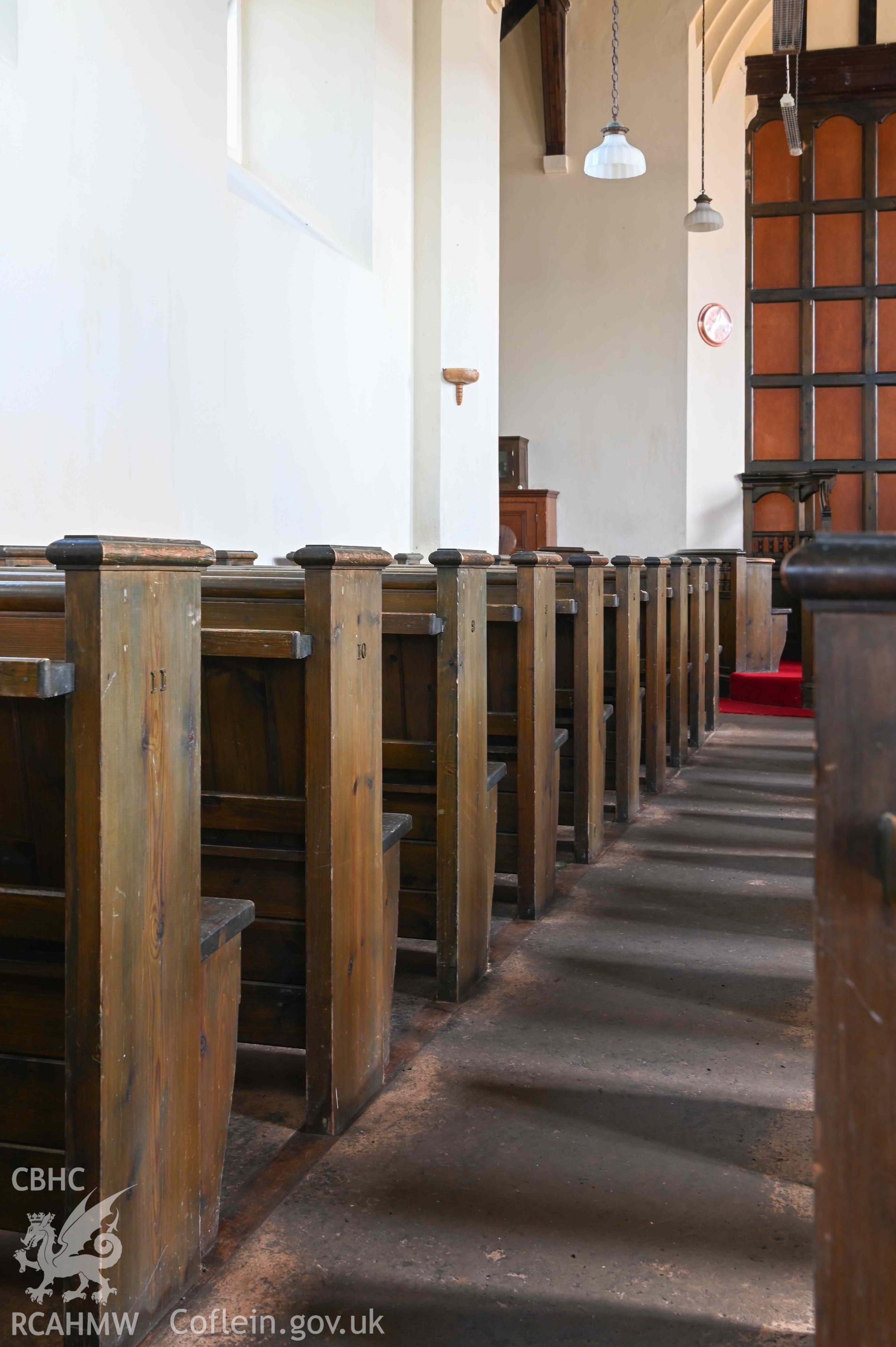 Tre-Wen Welsh Independent Chapel - Interior: Chapel, view down an aisle in the nave, towards the pulpit, taken from West