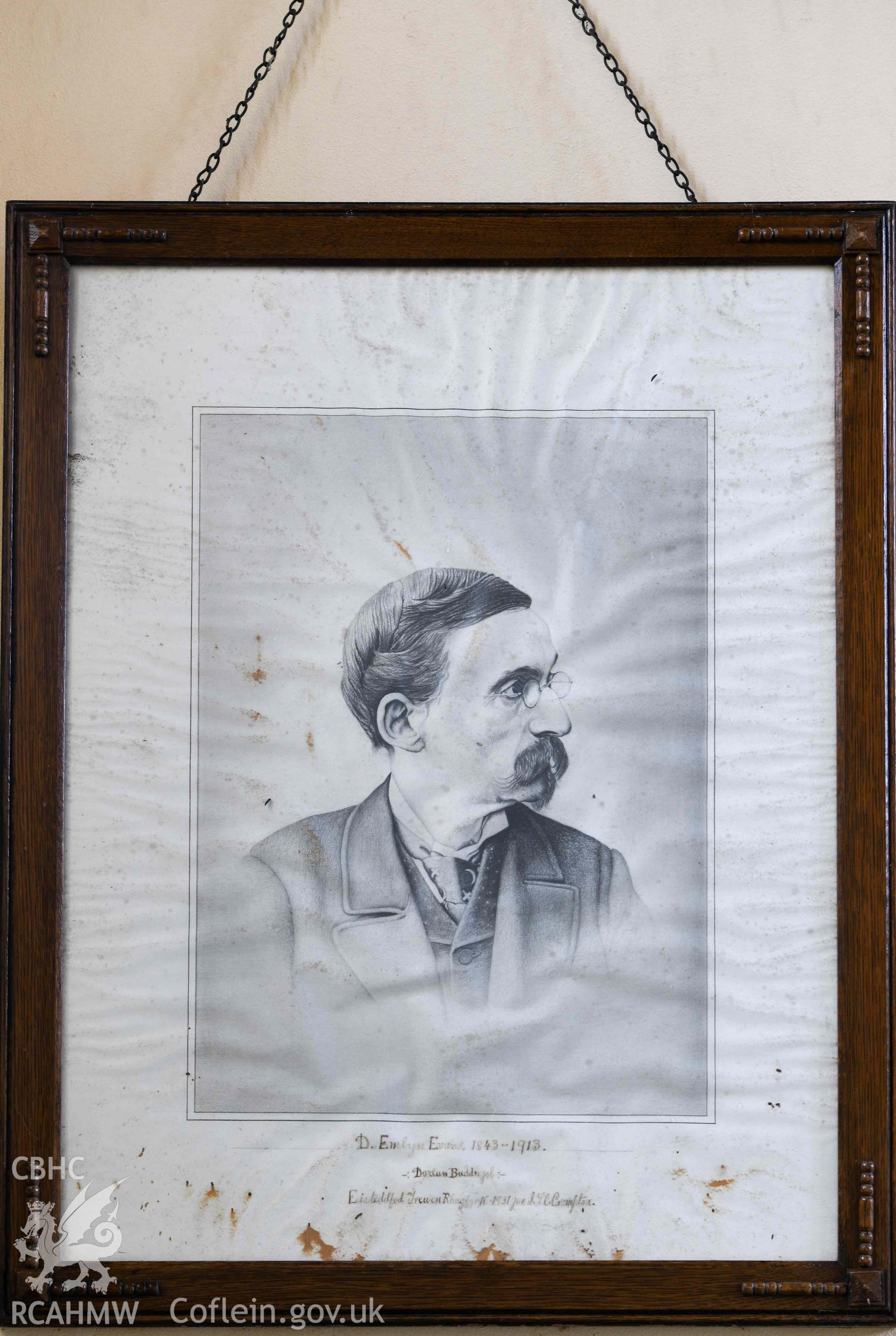 Tre-Wen Welsh Independent Chapel - Interior: Chapel Dining Hall, detailed view of a portrait of Emlyn Evans