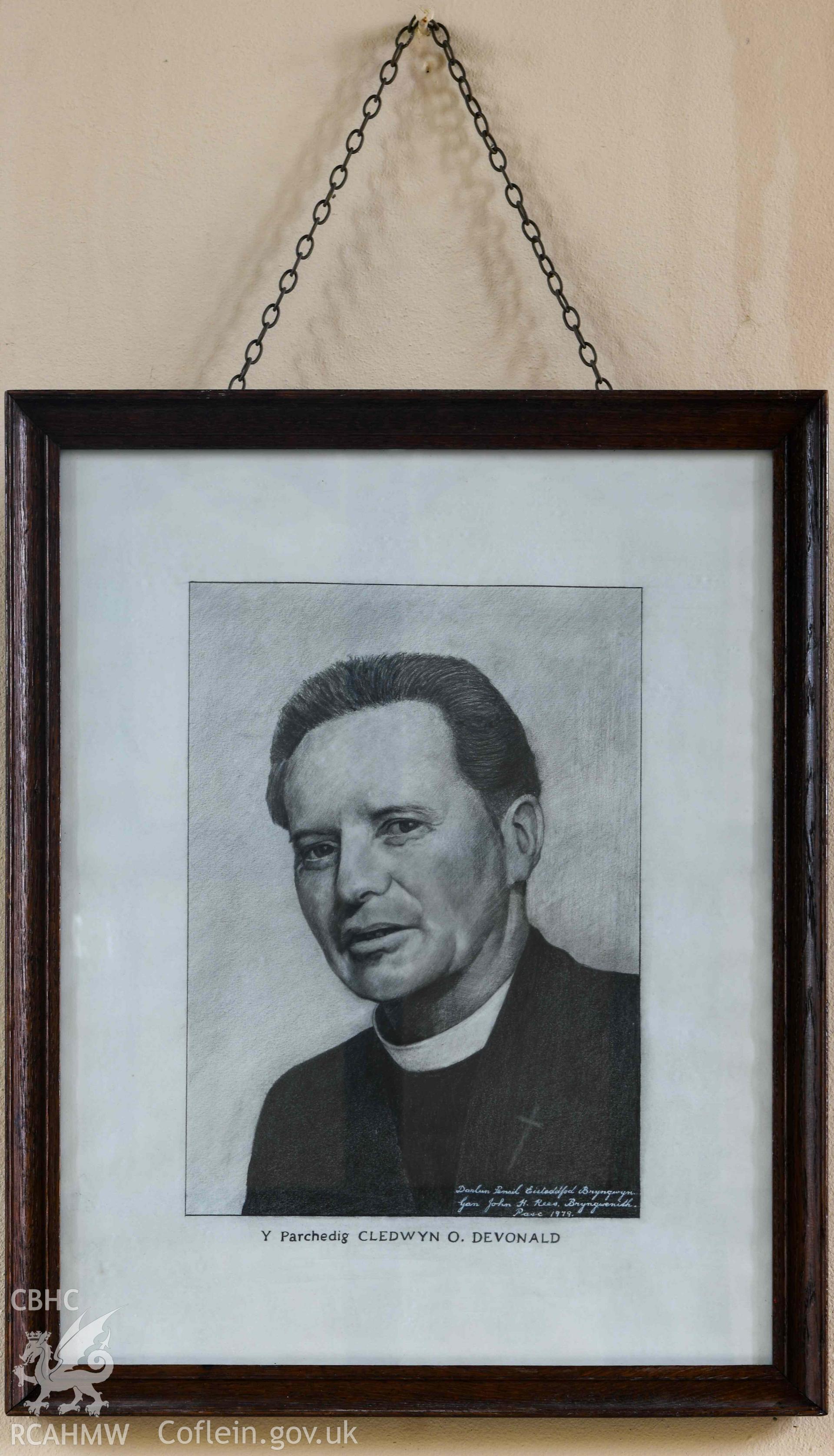 Tre-Wen Welsh Independent Chapel - Interior: Chapel Dining Hall, detailed view of a portrait of Reverend Cledwyn O. Devonald