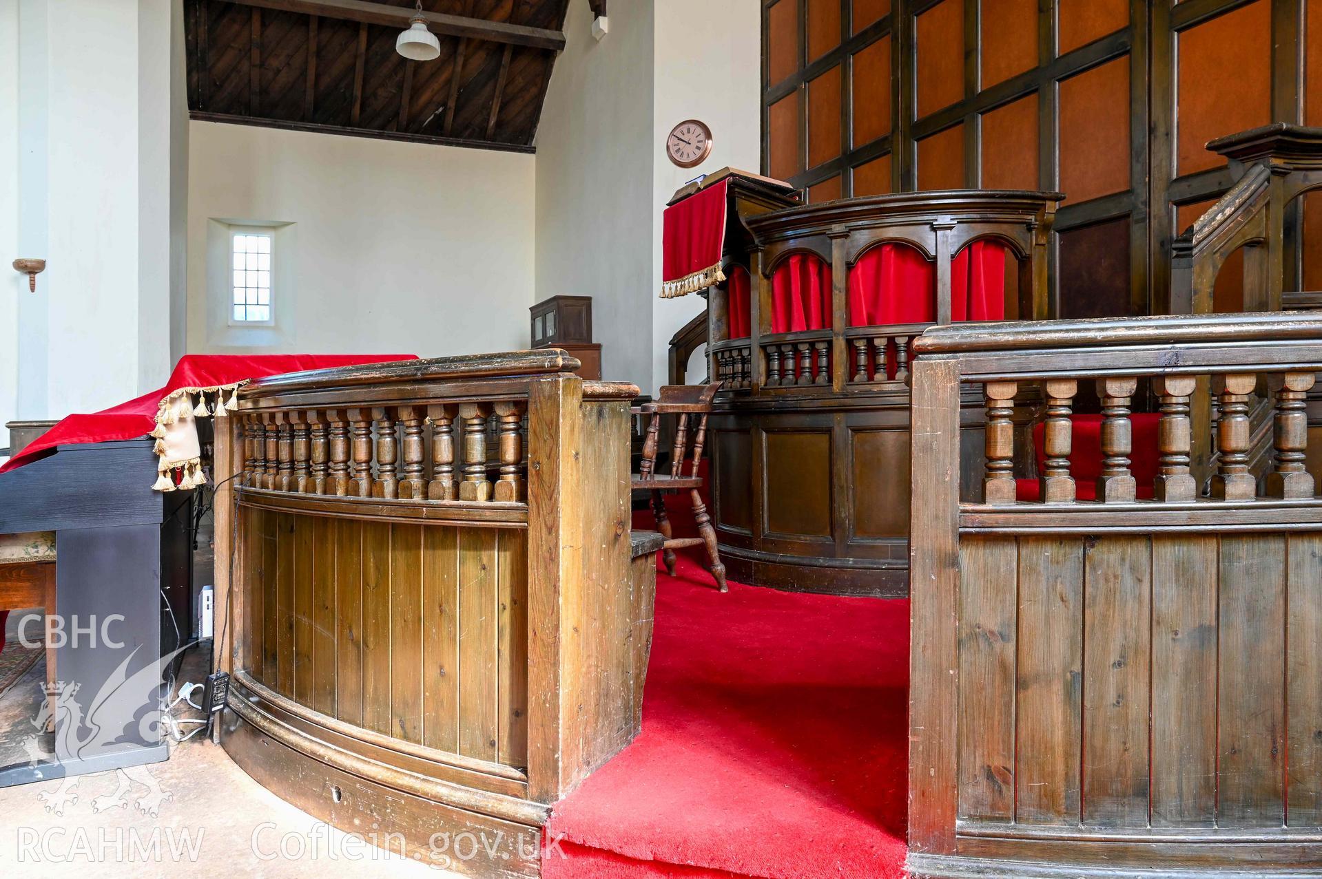 Tre-Wen Welsh Independent Chapel - Interior: Chapel, detailed view of the pulpit, taken from South