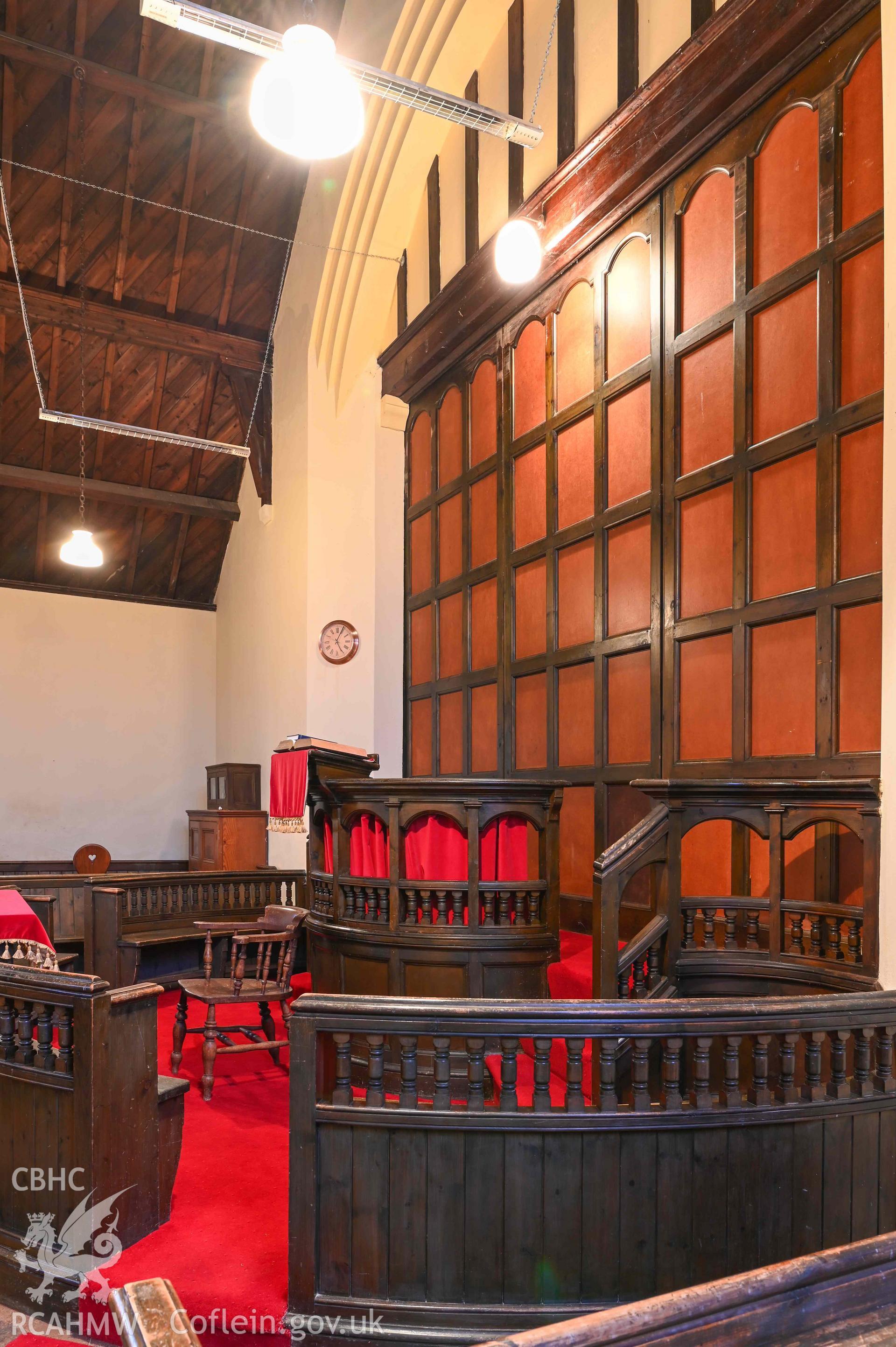 Tre-Wen Welsh Independent Chapel - Interior: Chapel, detailed view of the pulpit, taken from South