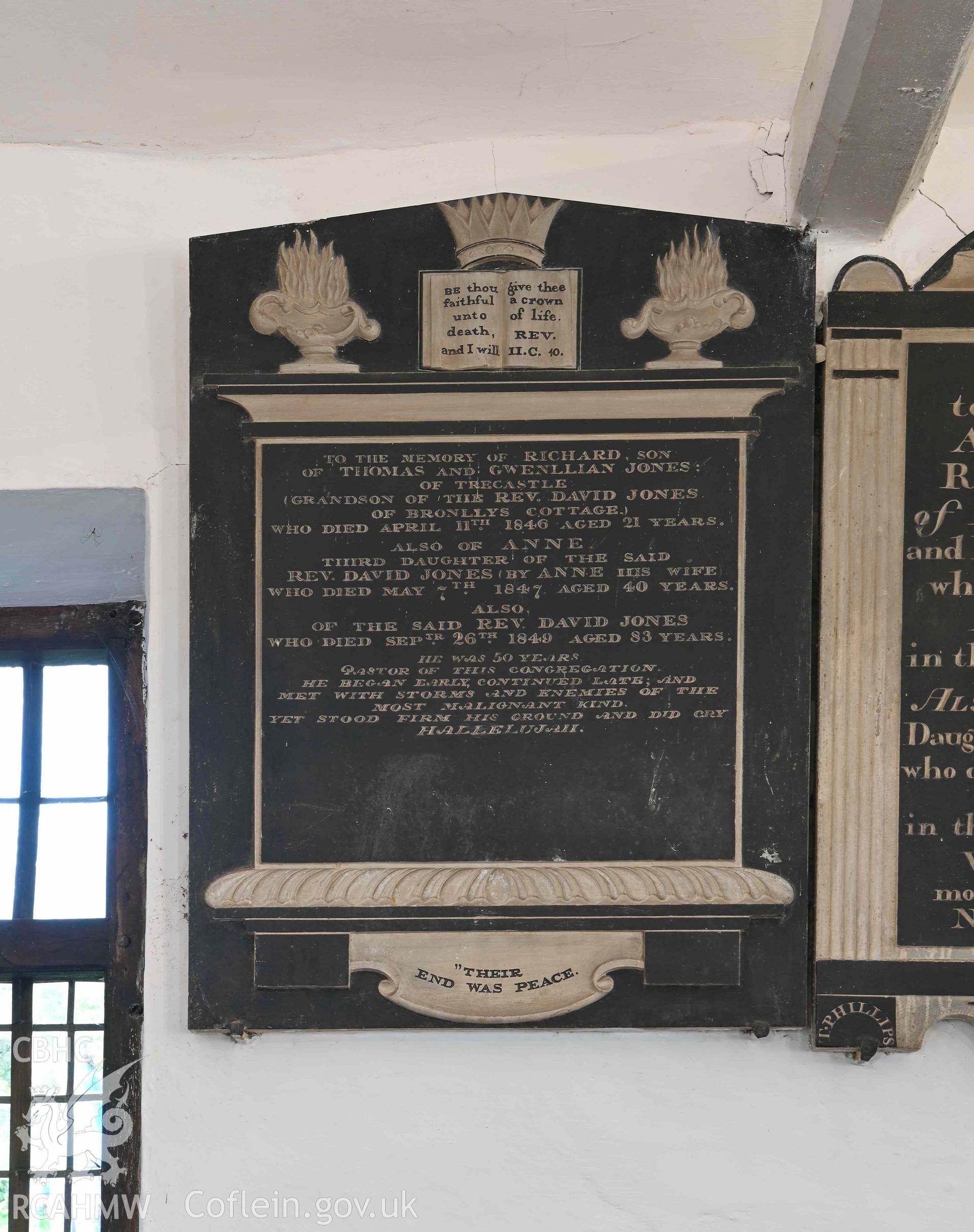 Maesyronen Chapel - Detailed view of a memorial for the Jones family, taken from South
