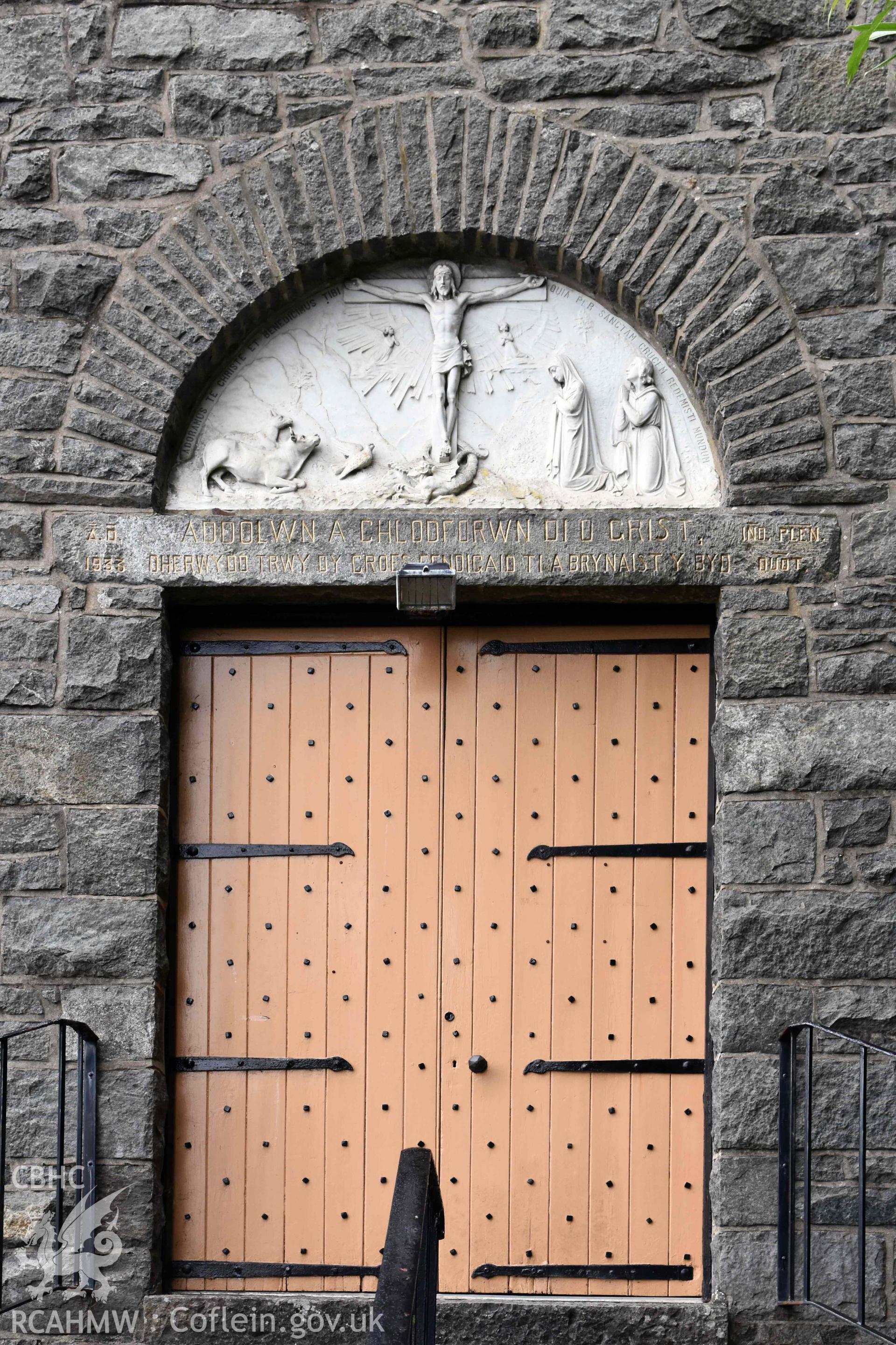 Catholic Church of The Most Holy Redeemer, exterior detail of north façade doorway