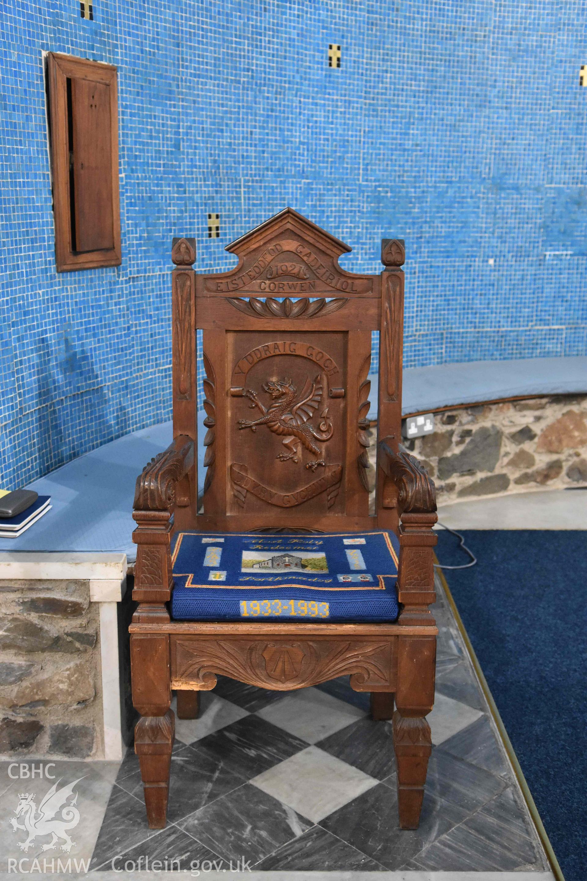 Catholic Church of The Most Holy Redeemer, interior detail of Eisteddfod chair