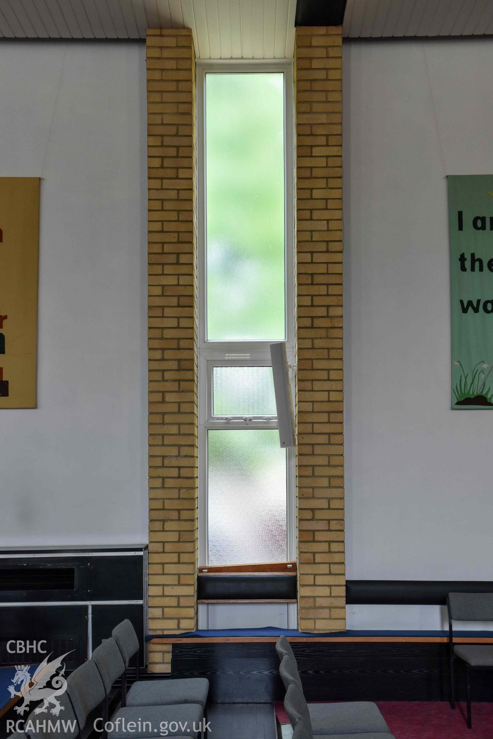 Cyncoed Methodist Church, interior auditorium detail of window in south elevation