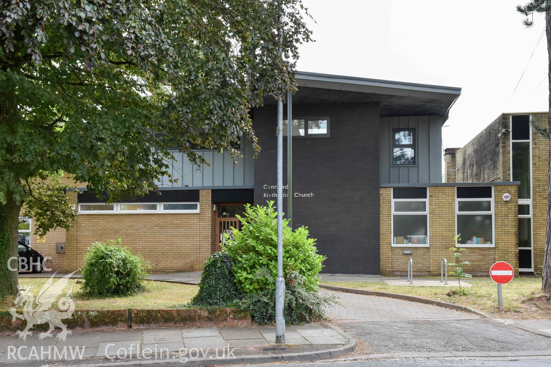 Cyncoed Methodist Church, exterior, side entrance to Westminster Crescent to rear complex of church, from the north