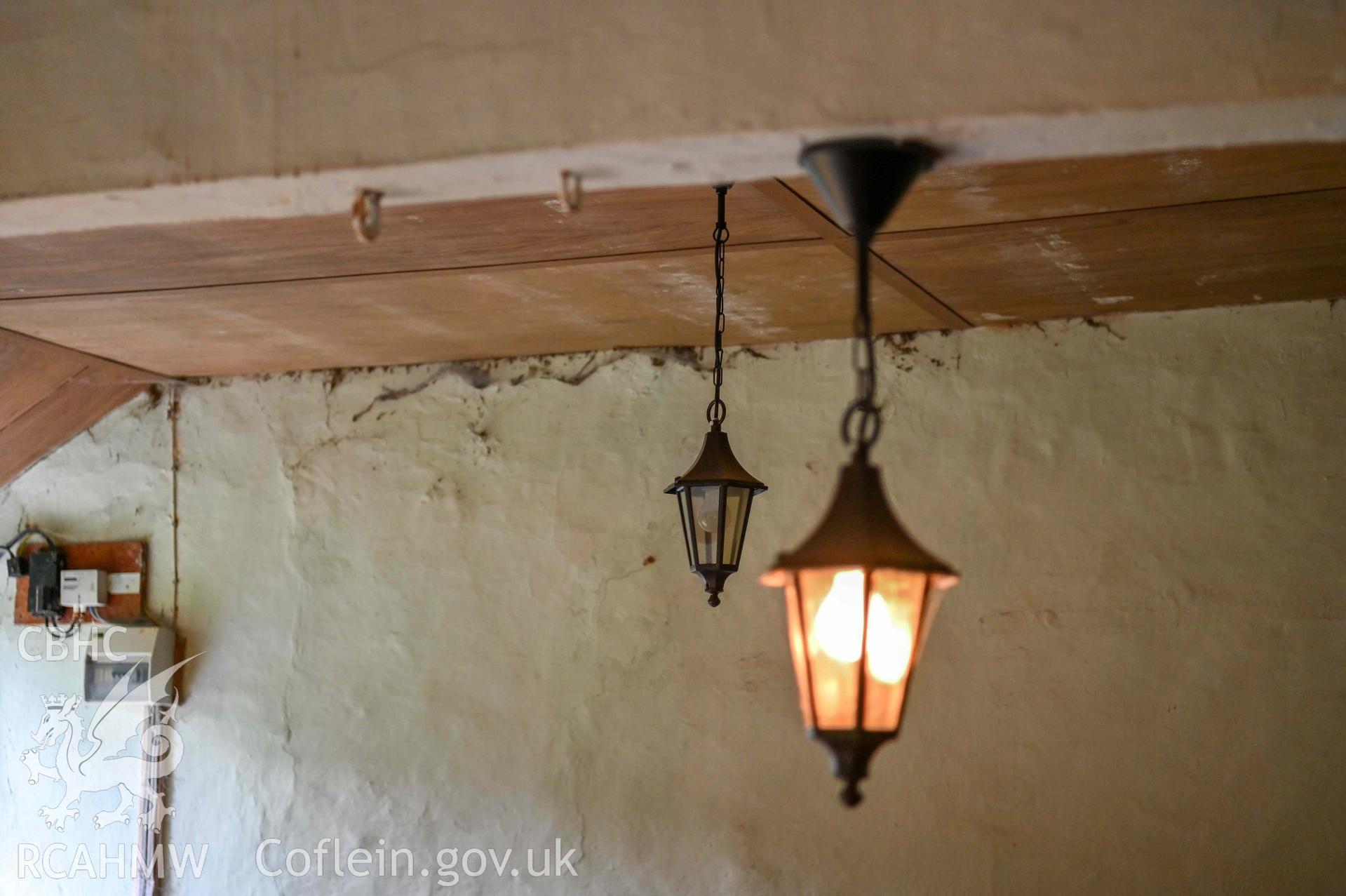 Carmel United Reformed Church - Interior: view of pendant lights hanging from the gallery, taken from North-East