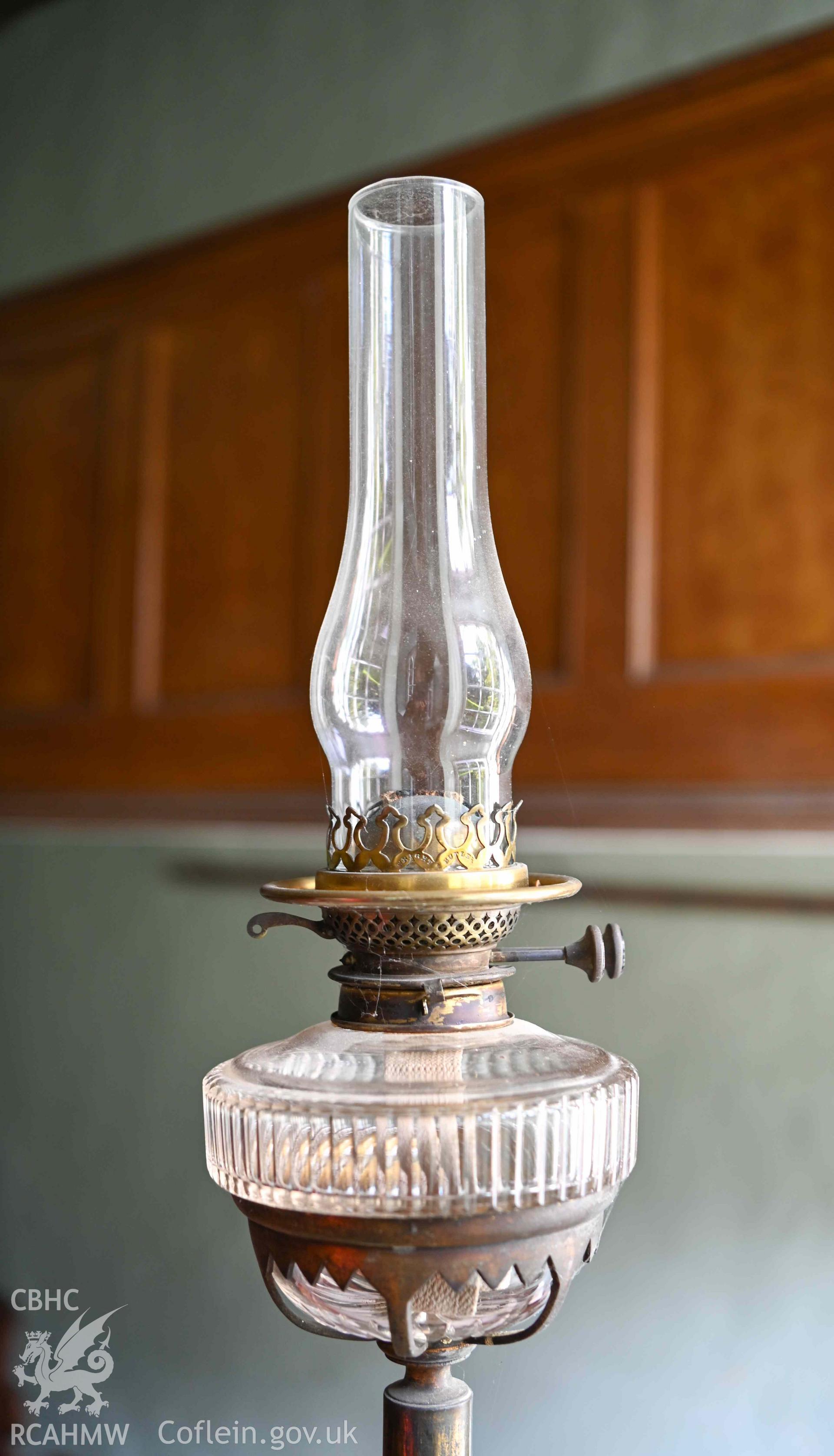 Carmel United Reformed Church - Interior: view of a gas lamp, taken from South-West