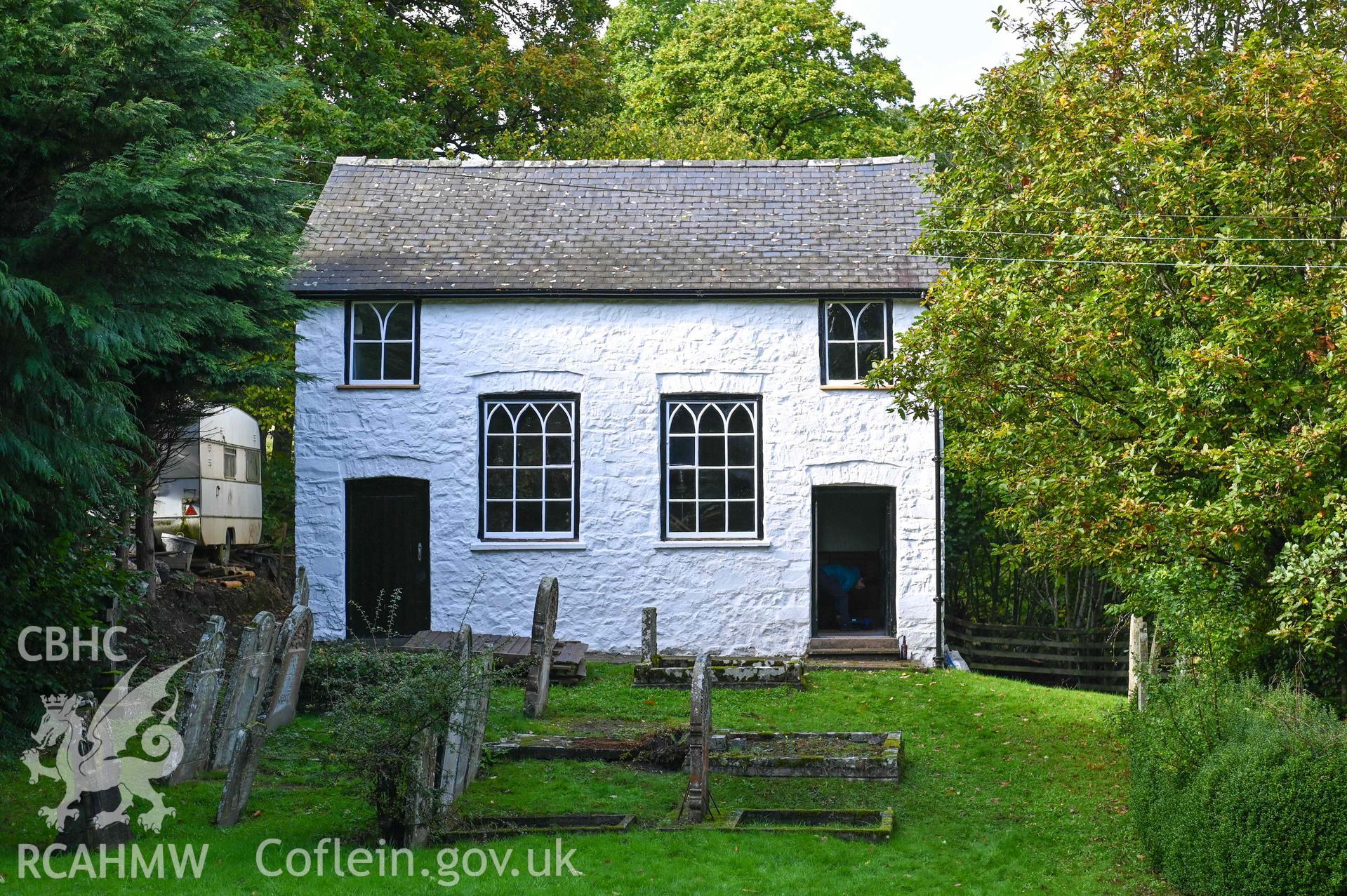 Carmel United Reformed Church - Exterior: view of the front of the chapel, graveyard in foreground, taken from South-East