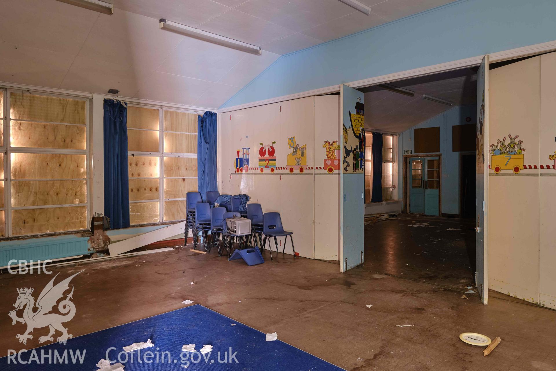 assembly hall/dining room, looking SW, showing moveable partition