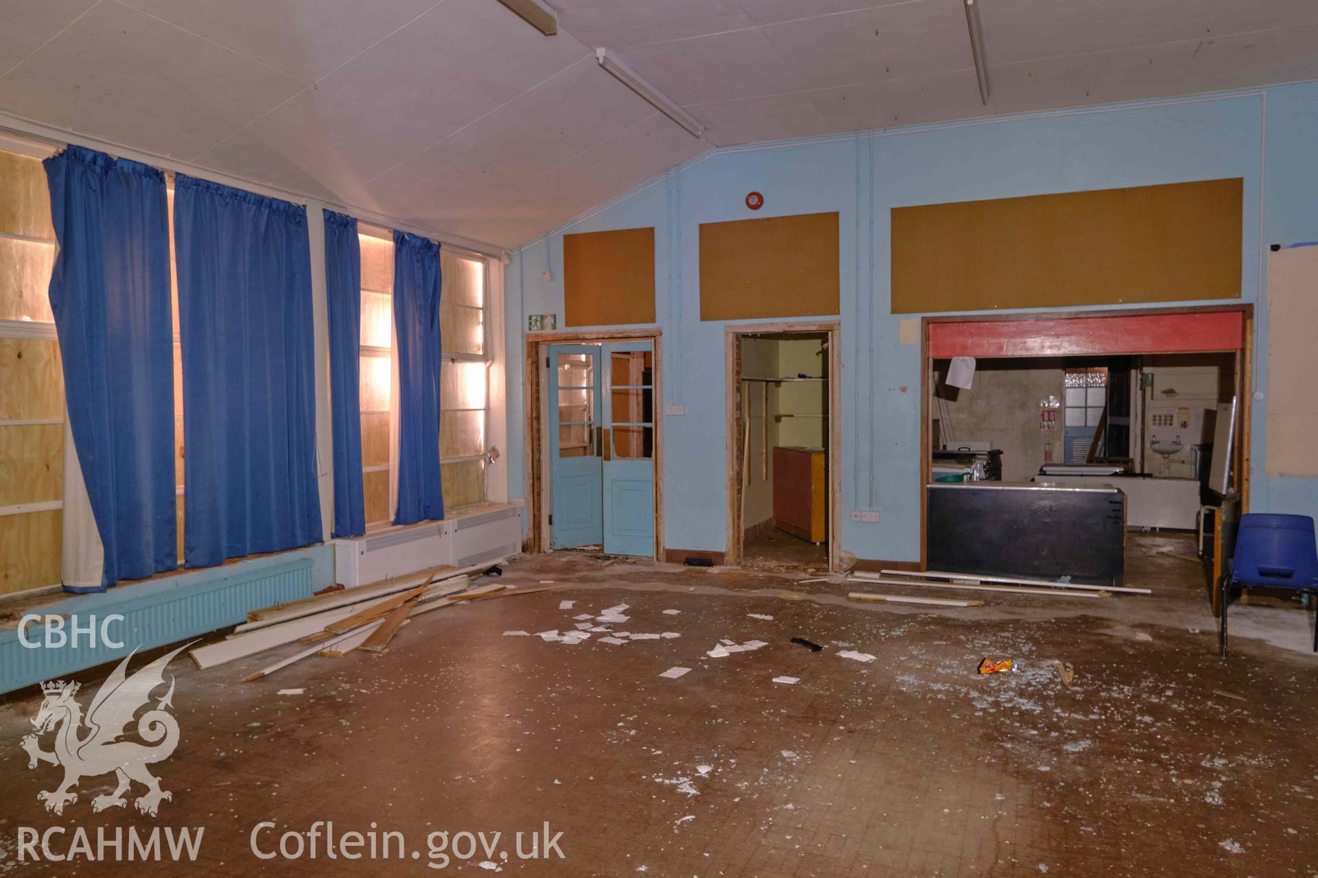 assembly hall/dining room, with kitchen looking SW