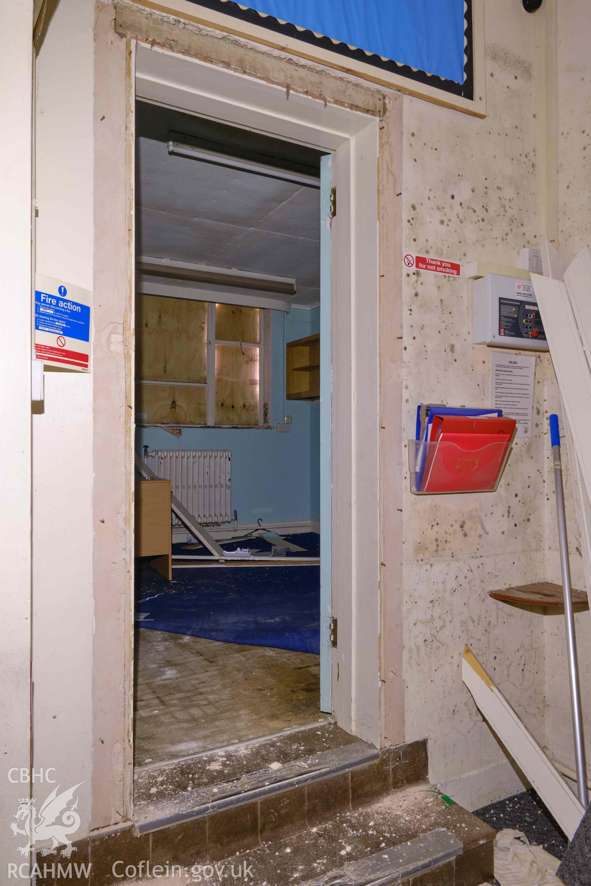 doorway into staff room, looking W