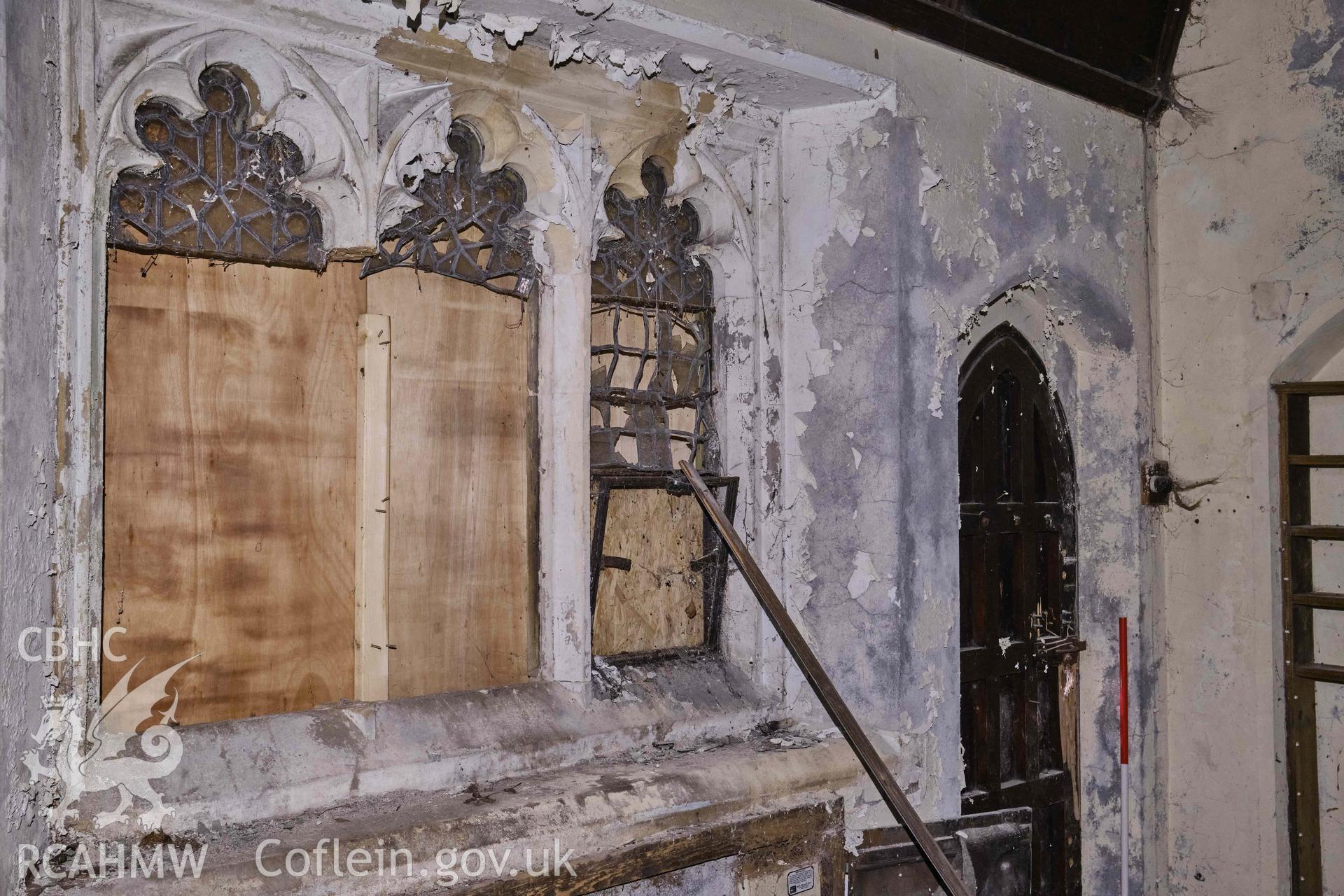 vestry N wall with 3-light window and doorway, looking NE