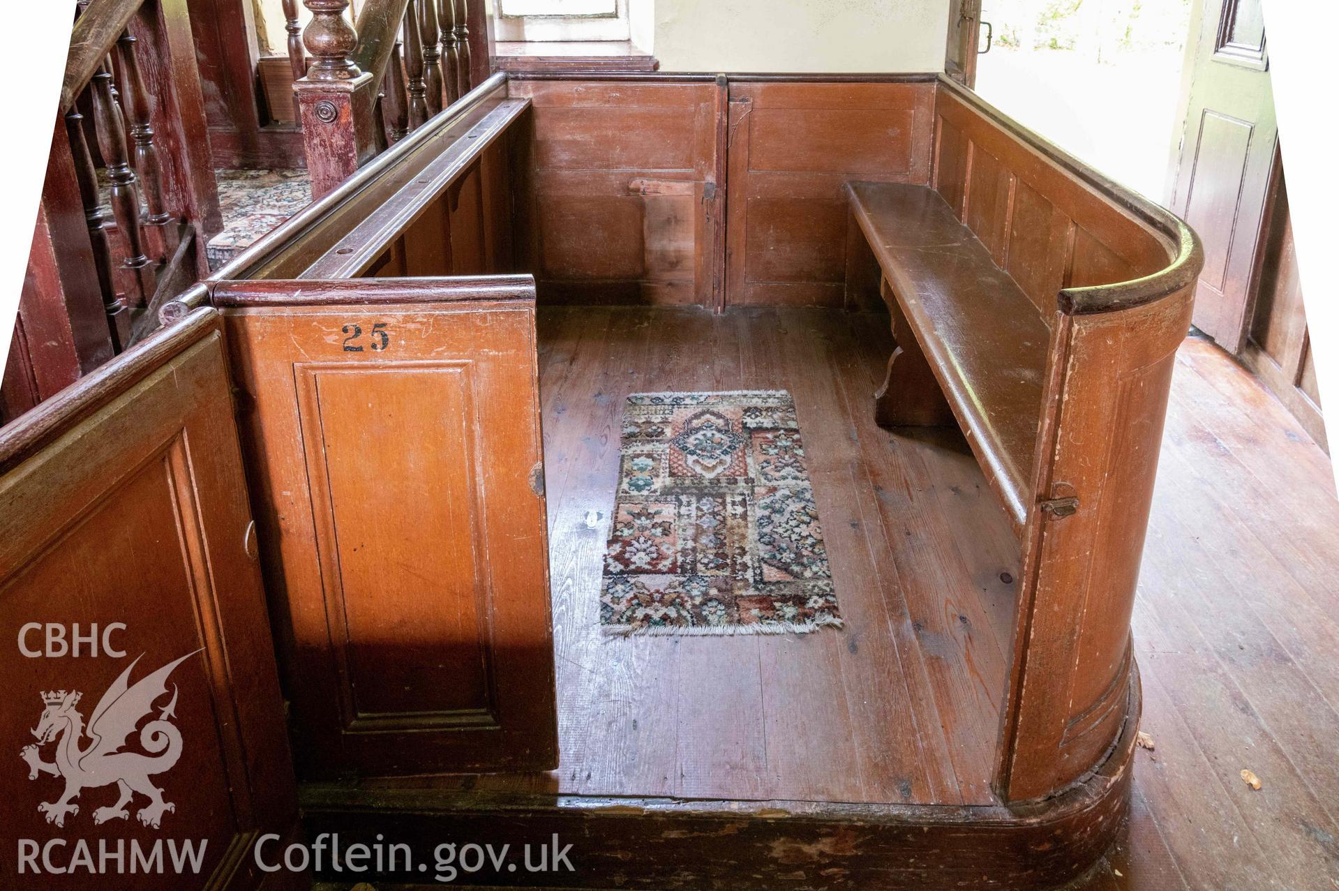 Soar-y-Mynydd, interior detail of sedd fawr to southern side of pulpit