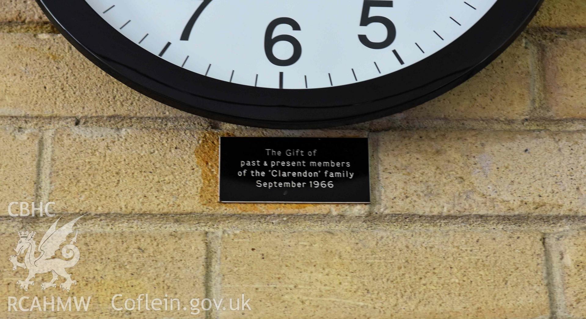 Cyncoed Methodist Church, interior auditorium, detail of clock plaque