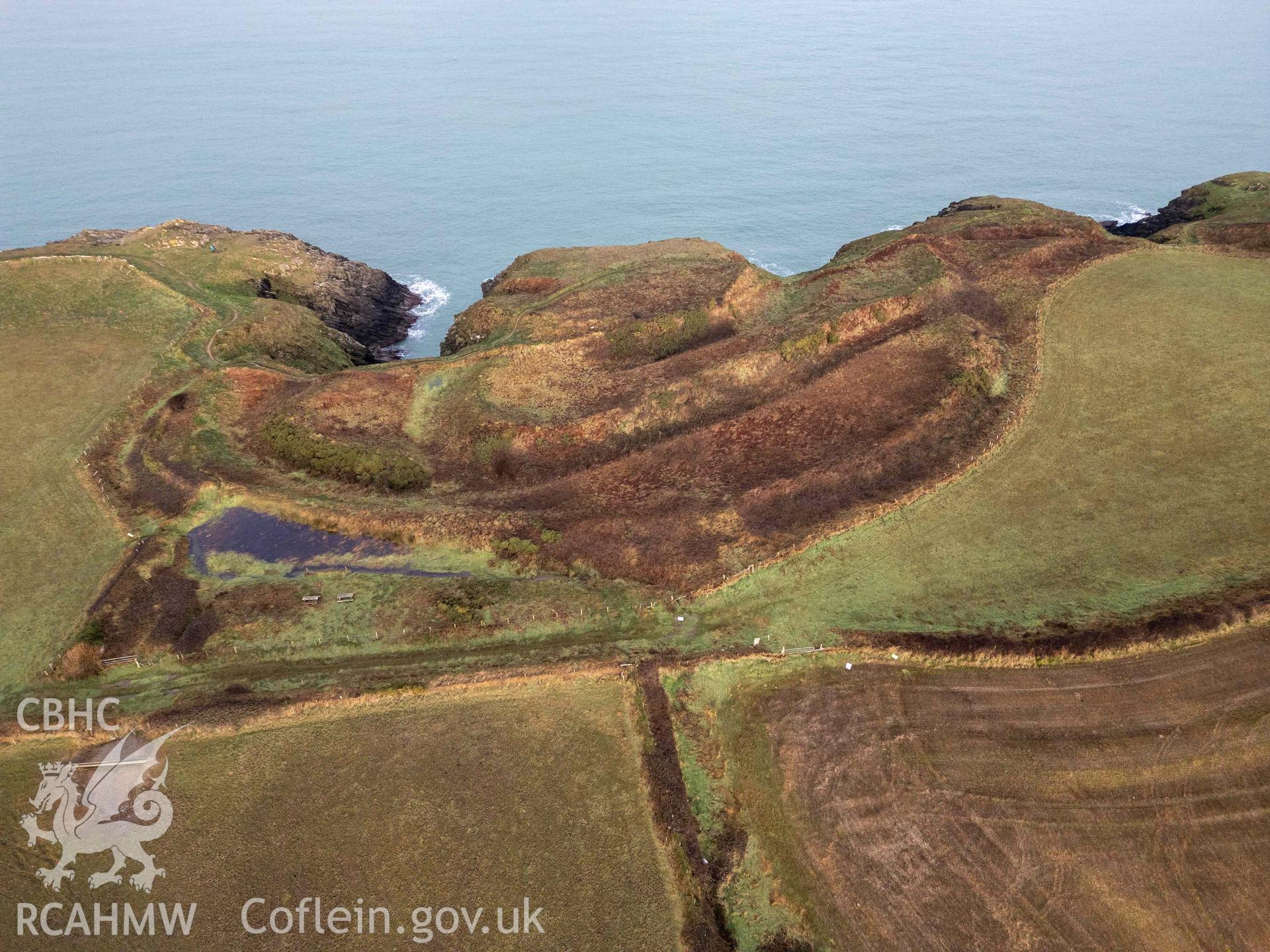 Caer Aber Pwll and Little Aber Pwll coastal promontory forts. Aerial (UAV) view from the south.