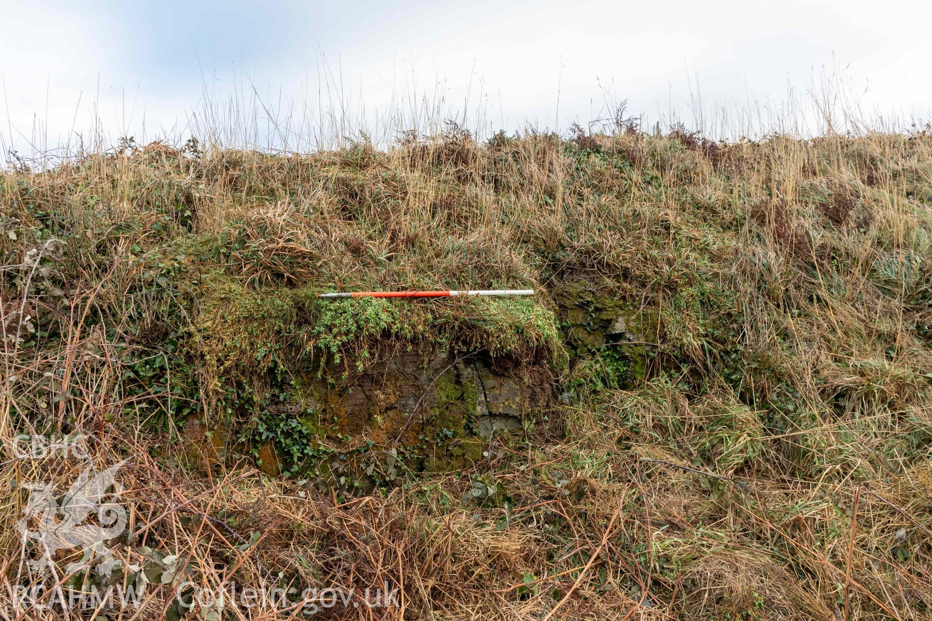 Castle Head Coastal Promontory Fort. Quarried edge of inner ditch defining the west side of entrance causeway (with scale).