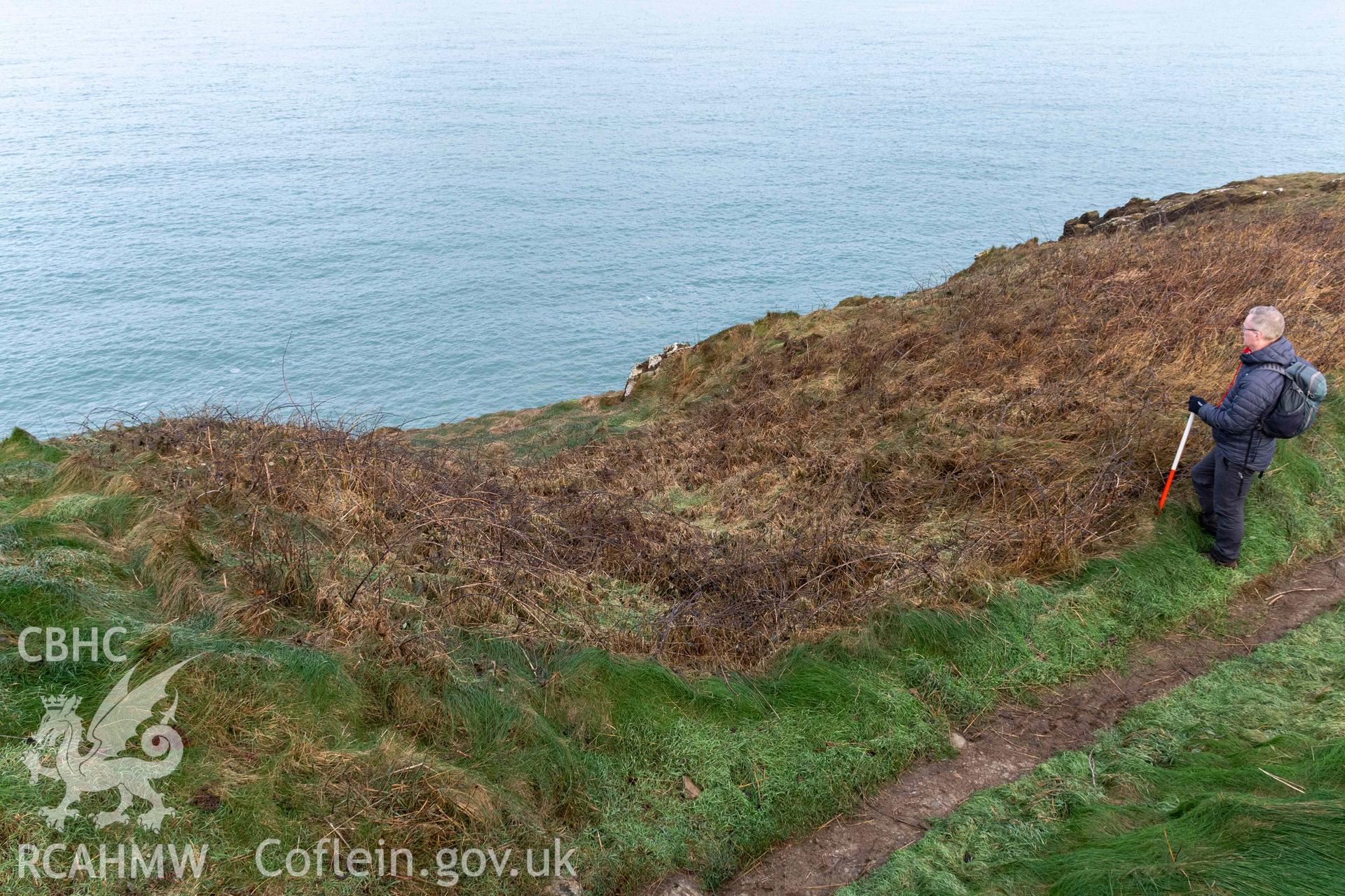 Caer Aber Pwll coastal promontory fort. Looking north at the end of middle ditch where it meets the coast edge on the eastern side of the fort (with scale).