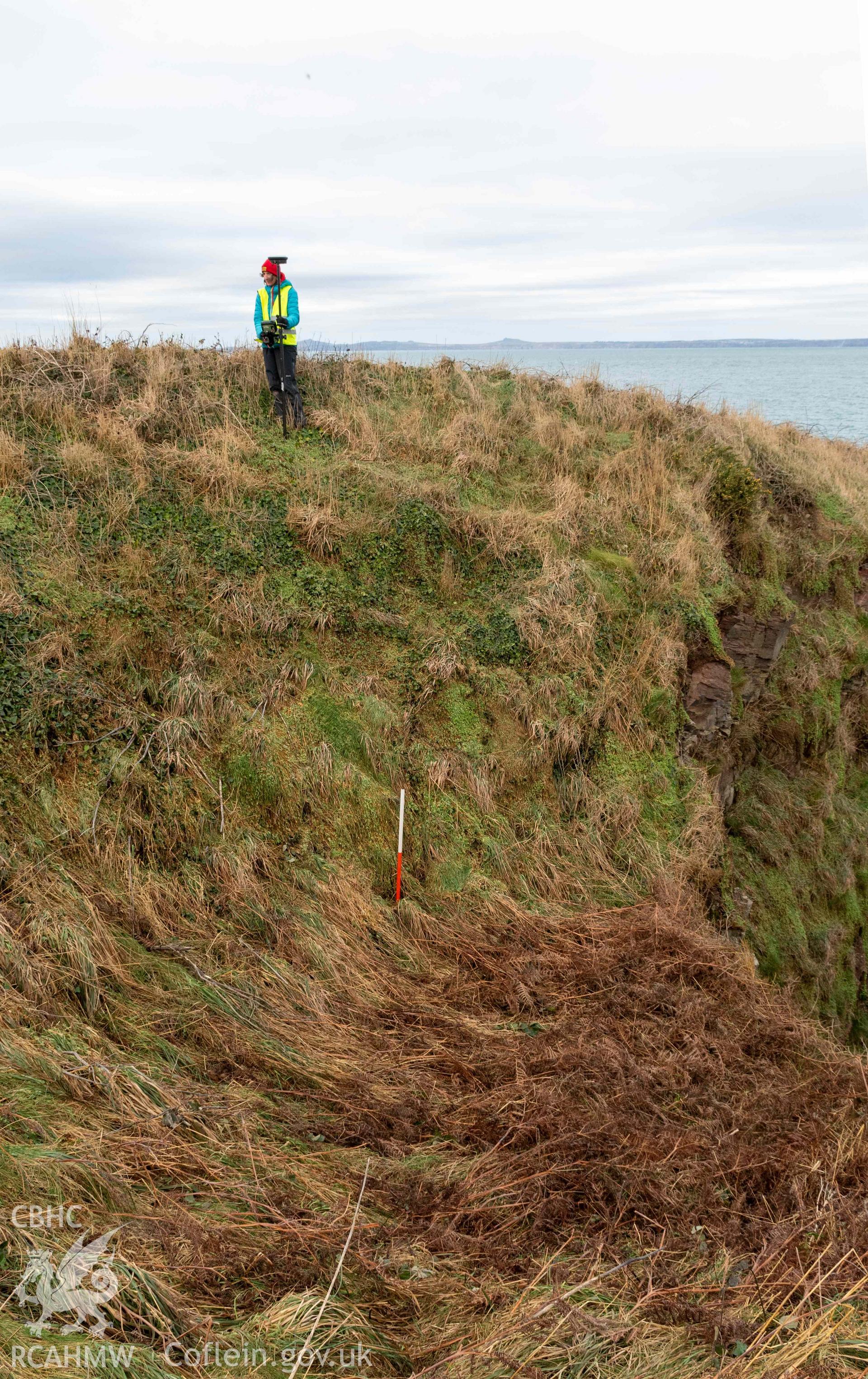 Castle Head Coastal Promontory Fort. Inner bank and rock cut ditch to east of entrance (with scale).