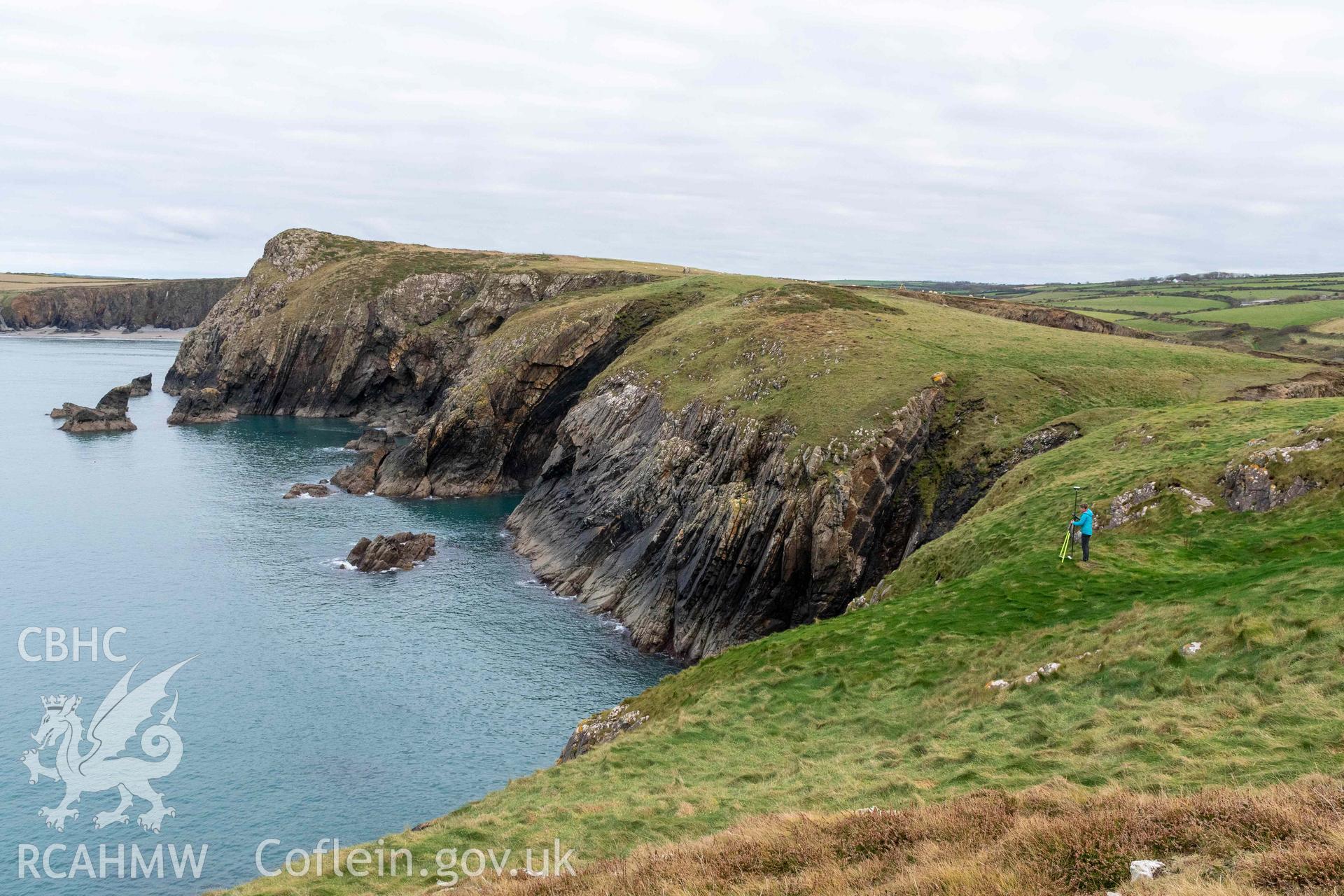 Trwyn Castell coastal promontory fort. View looking northeast from the interior of the fort across the wider promontory beyond the fort's defences to a potential annex area.