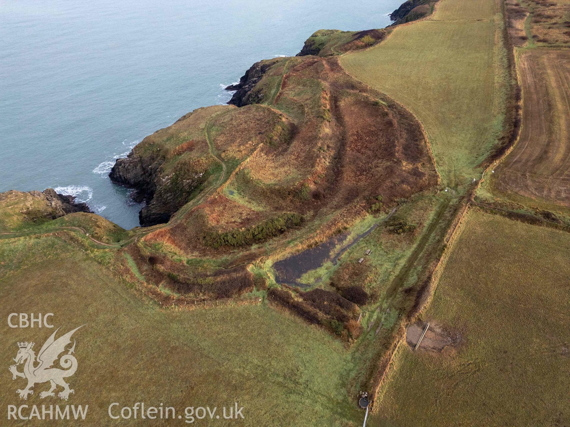 Caer Aber Pwll and Little Aber Pwll coastal promontory forts. Aerial (UAV) view from the southwest.