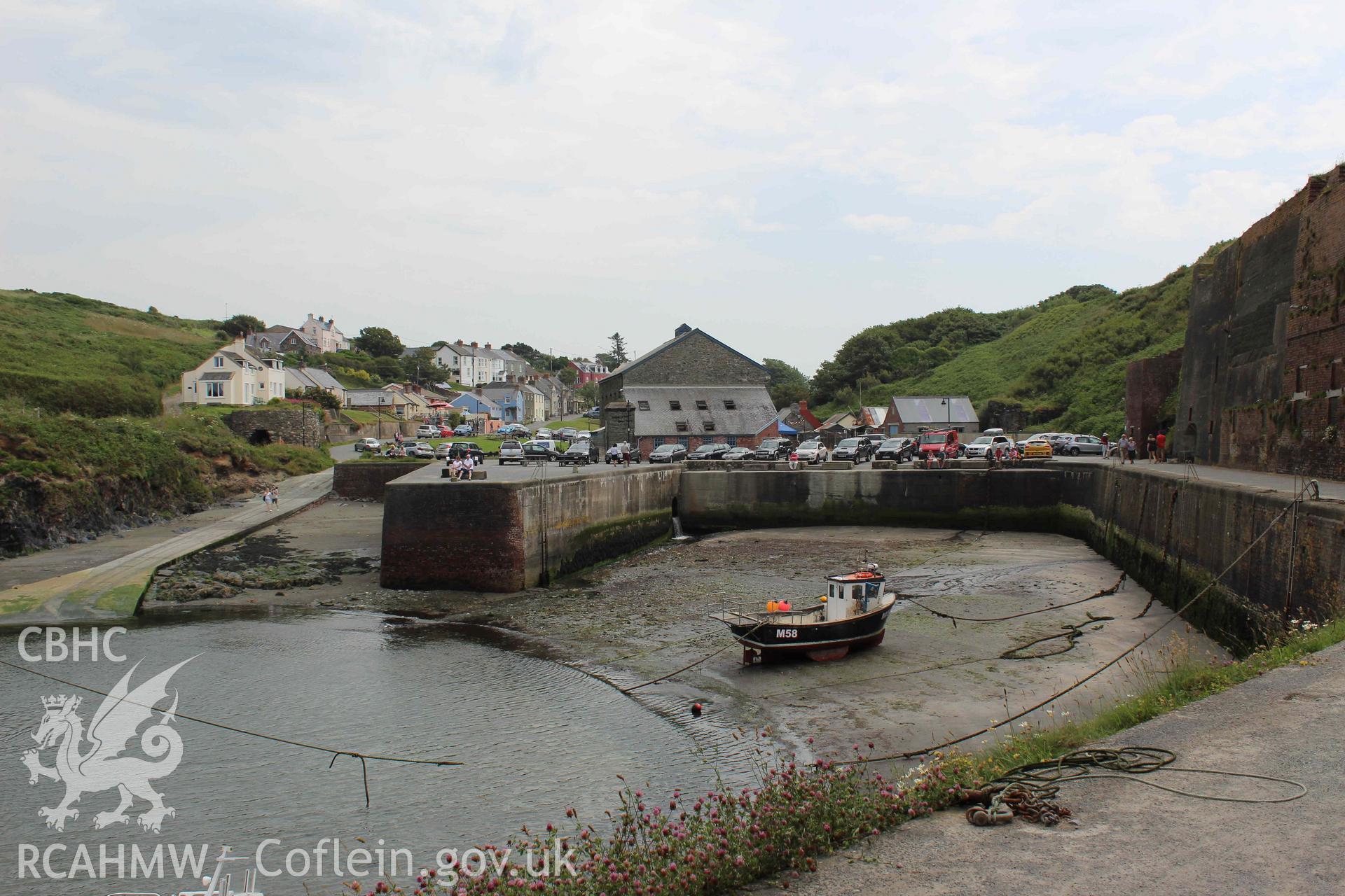 Porthgain Harbour: view back to the village from the western harbour wall.