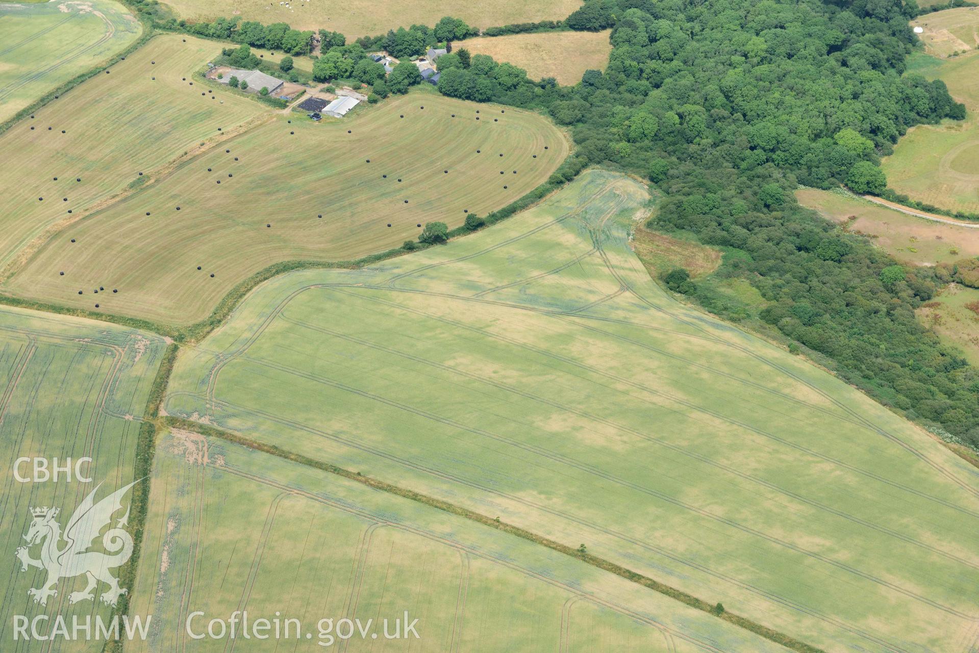 RCAHMW colour oblique aerial photograph of Pant y rhedyn enclosure, Mathry taken on 11 July 2018 by Toby Driver