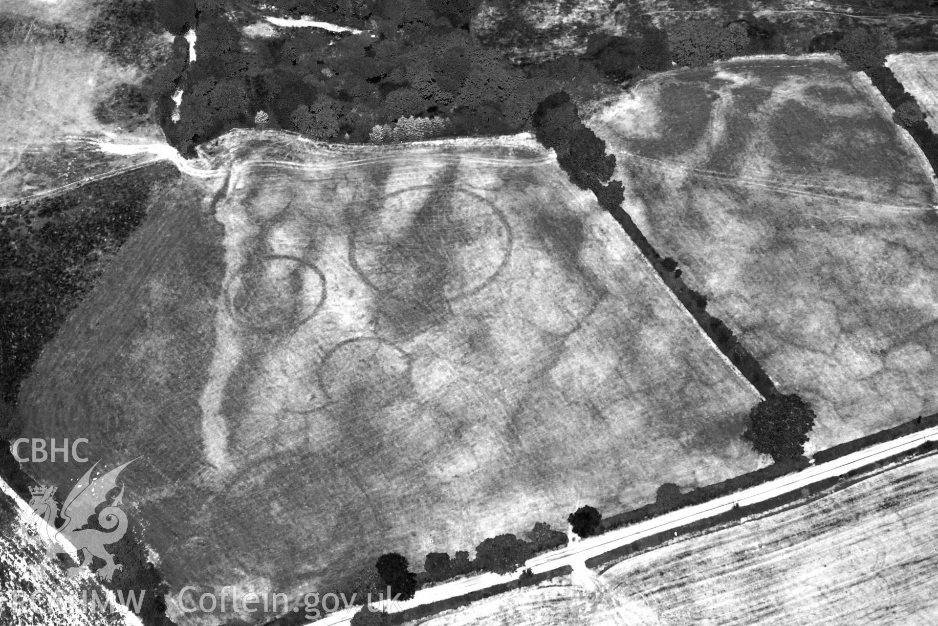 RCAHMW black and white oblique aerial photograph of Ffynnon groes or crosswell barrow cemetary taken on 18 July 2018 by Toby Driver