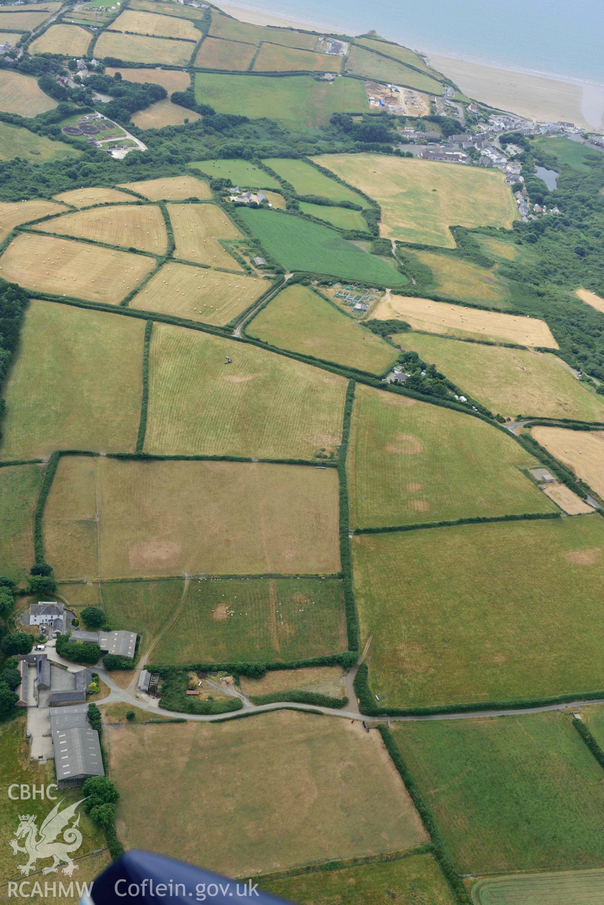 RCAHMW colour oblique aerial photograph of Foxhill farm linear cropmark, view from east taken on 11 July 2018 by Toby Driver