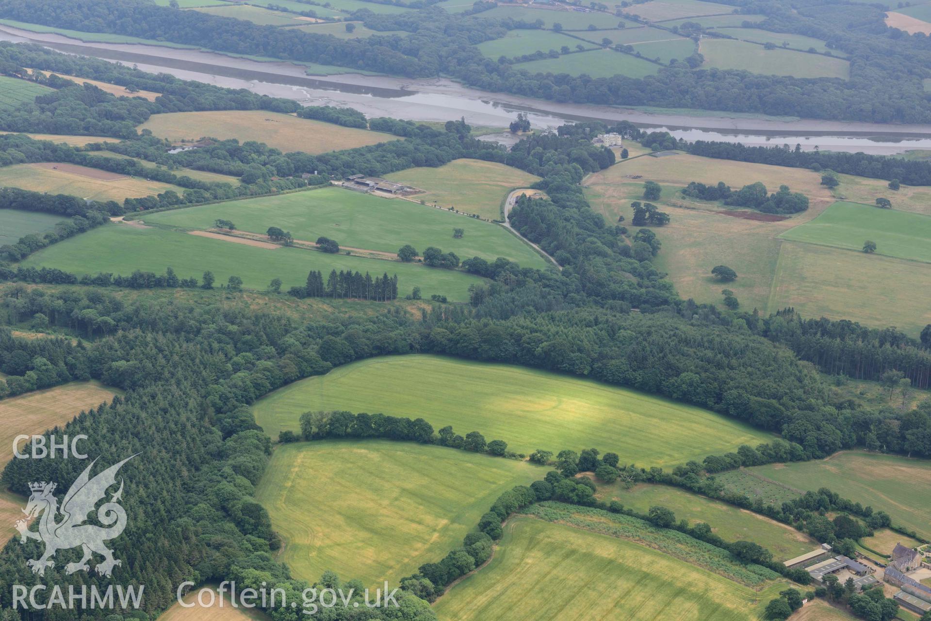 RCAHMW colour oblique aerial photograph of Rosehill defended enclosure taken on 11 July 2018 by Toby Driver