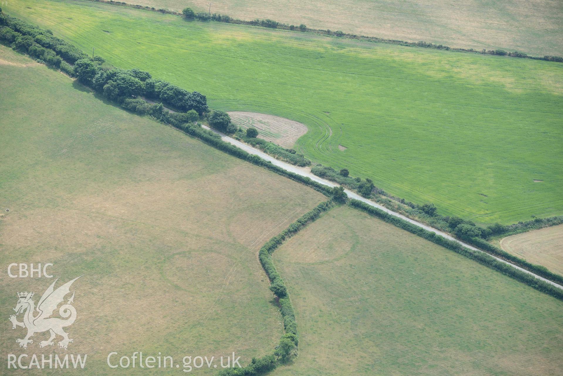 RCAHMW colour oblique aerial photograph of Post coch barrow pair taken on 11 July 2018 by Toby Driver