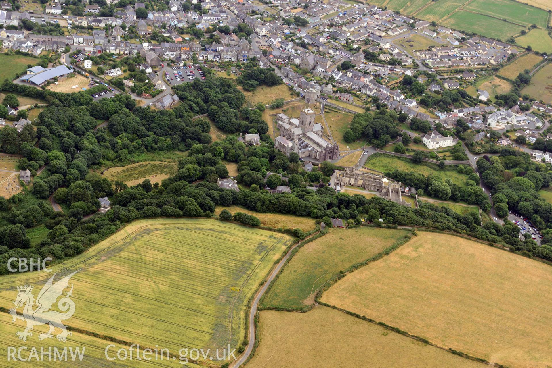 RCAHMW colour oblique aerial photograph of Pont y Penyd cropmarks taken on 11 July 2018 by Toby Driver